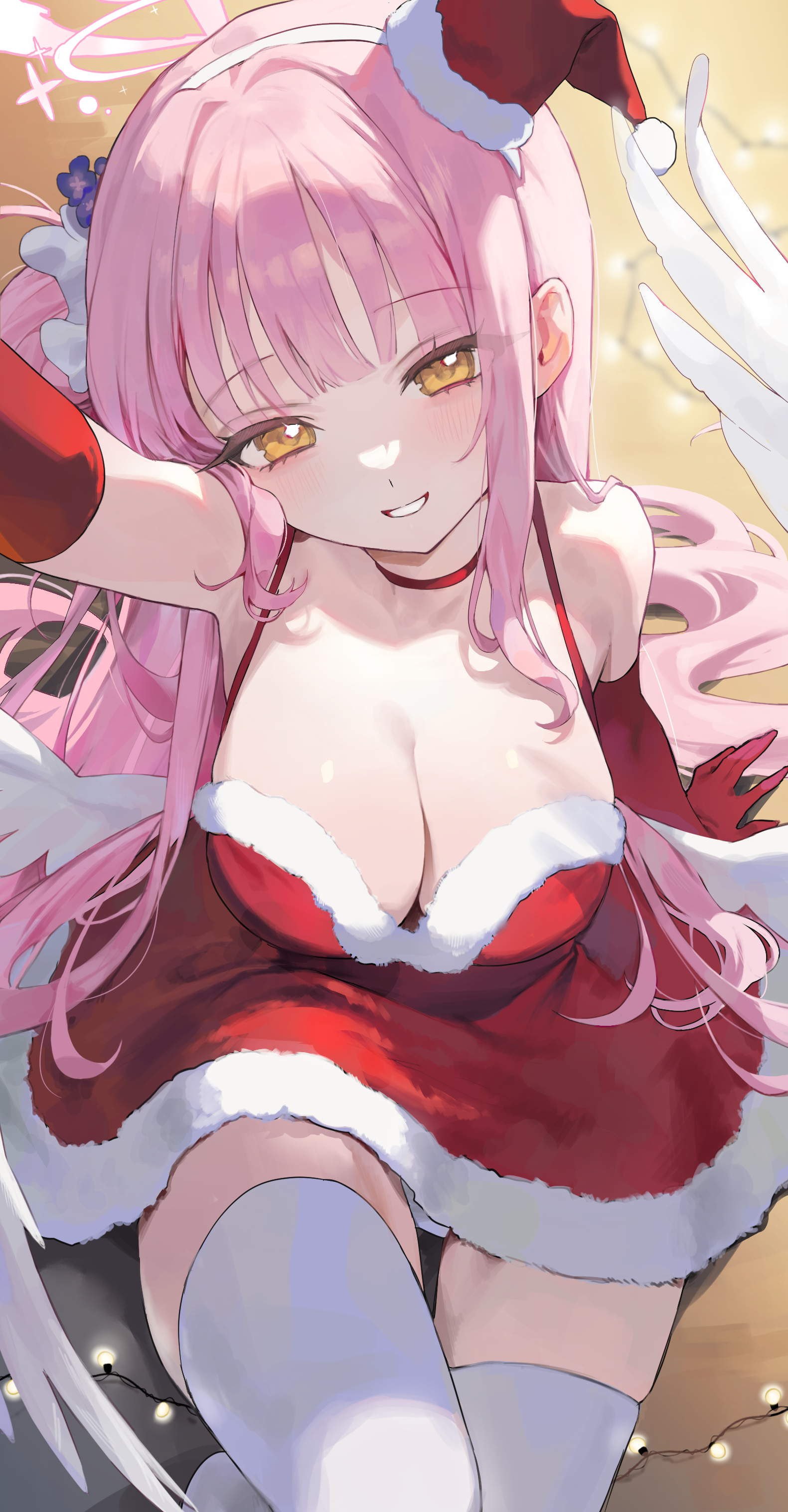 mika (blue archive), blue archive, absurdres, commentary request, highres, 1girl, angel wings, bare shoulders, breasts, choker, christmas, cleavage, davo221020, dress, feathered wings, gloves, hair tie, halo, hat, headband, large breasts, long hair, looking at viewer, open mouth, panties, panty peek, pink hair, red dress, red gloves, santa costume, santa dress, santa hat, smile, teeth, thighhighs, thighs, underwear, very long hair, white panties, white thighhighs, white wings, wings, yellow eyes