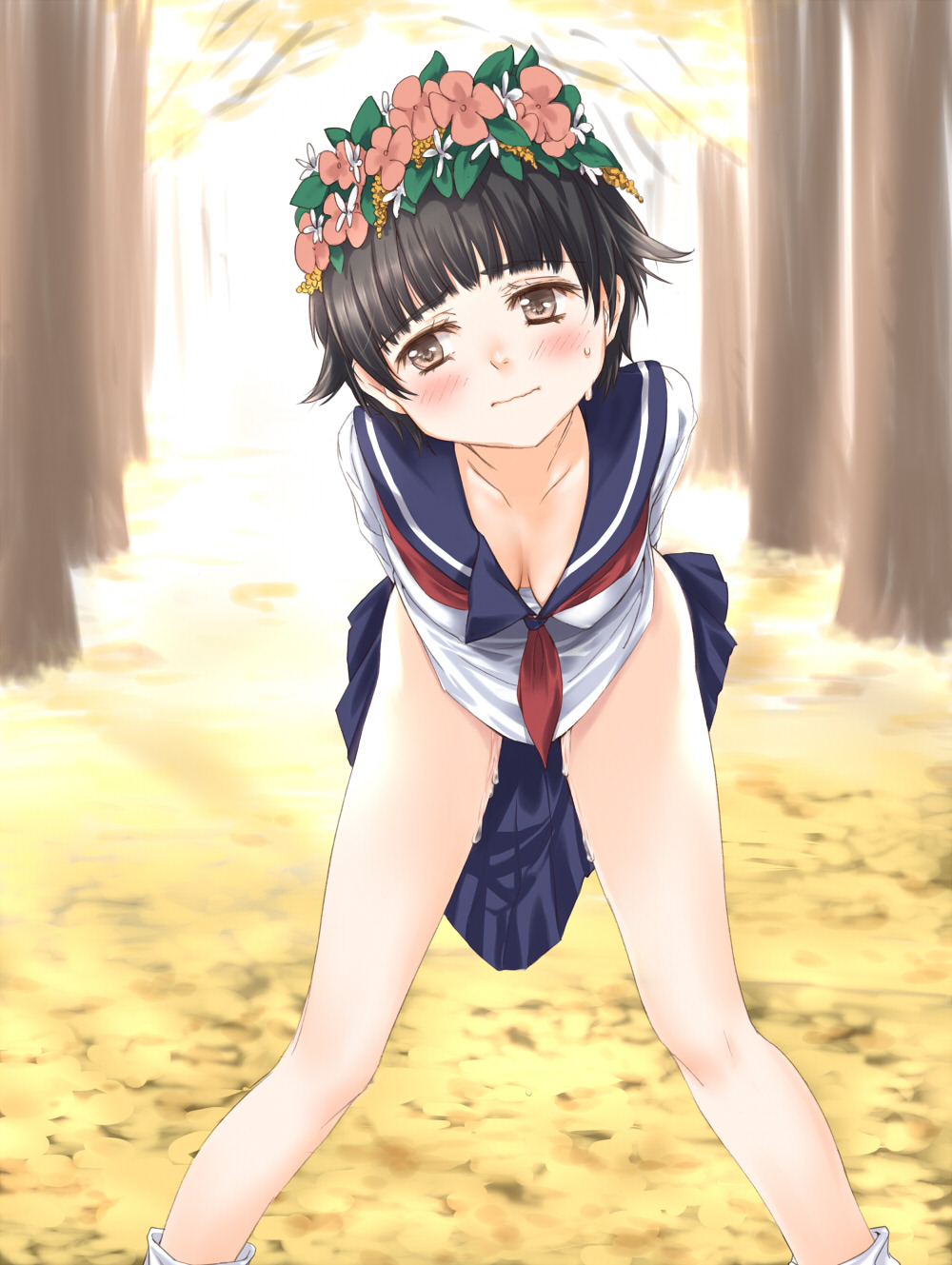 kanda aya, uiharu kazari, toaru kagaku no railgun, toaru majutsu no index, bad id, bad pixiv id, highres, 00s, 1girl, black hair, blush, bottomless, breasts, cleavage, covered erect nipples, female focus, flower, hair flower, hair ornament, head wreath, leaning forward, medium breasts, no panties, pussy juice, school uniform, serafuku, short hair, skirt, solo, sweat, unworn skirt