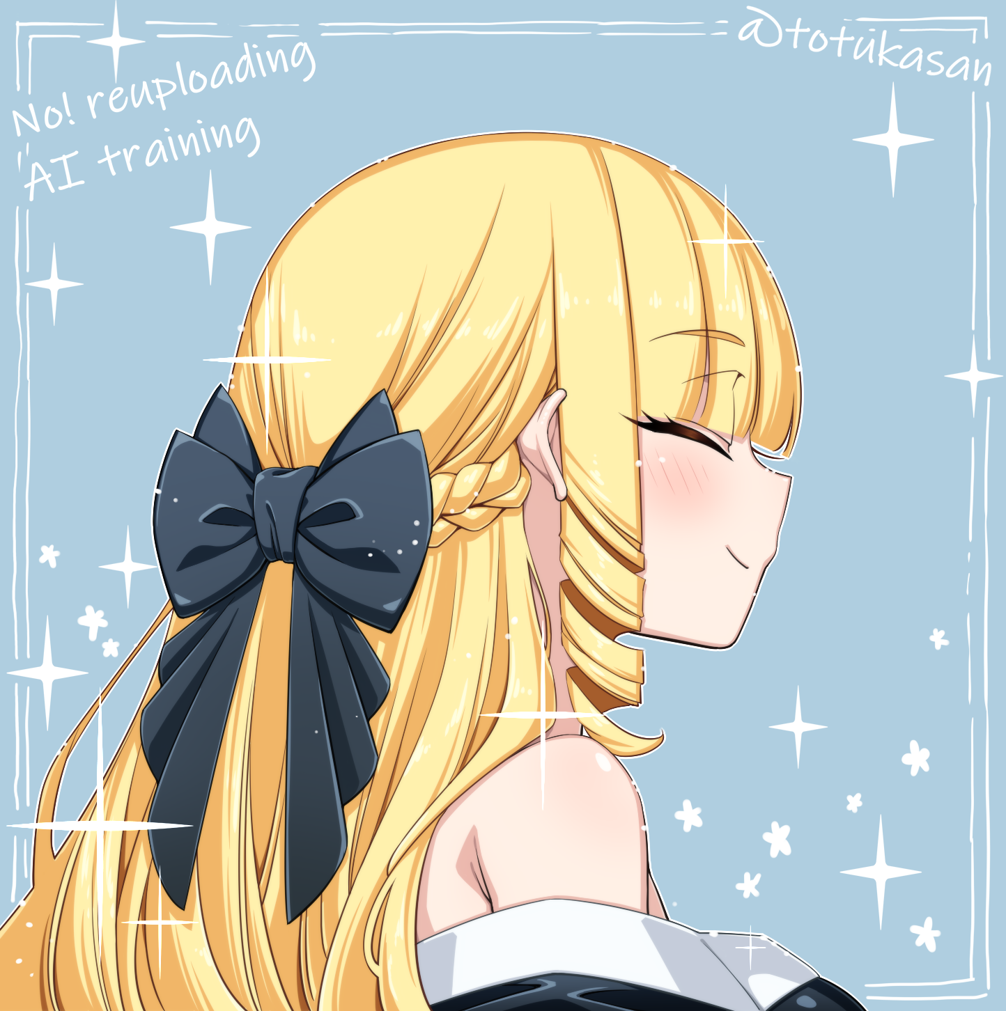 totukasan, kaneda mochiko, mount celeb kaneda-san, highres, 1girl, ^ ^, bare shoulders, black dress, black ribbon, blonde hair, blunt bangs, braid, closed eyes, dress, drill hair, drill sidelocks, from behind, hair ribbon, half up braid, light blush, long hair, off-shoulder dress, off shoulder, portrait, profile, ribbon, sidelocks, smile, solo, sparkle, star (symbol)