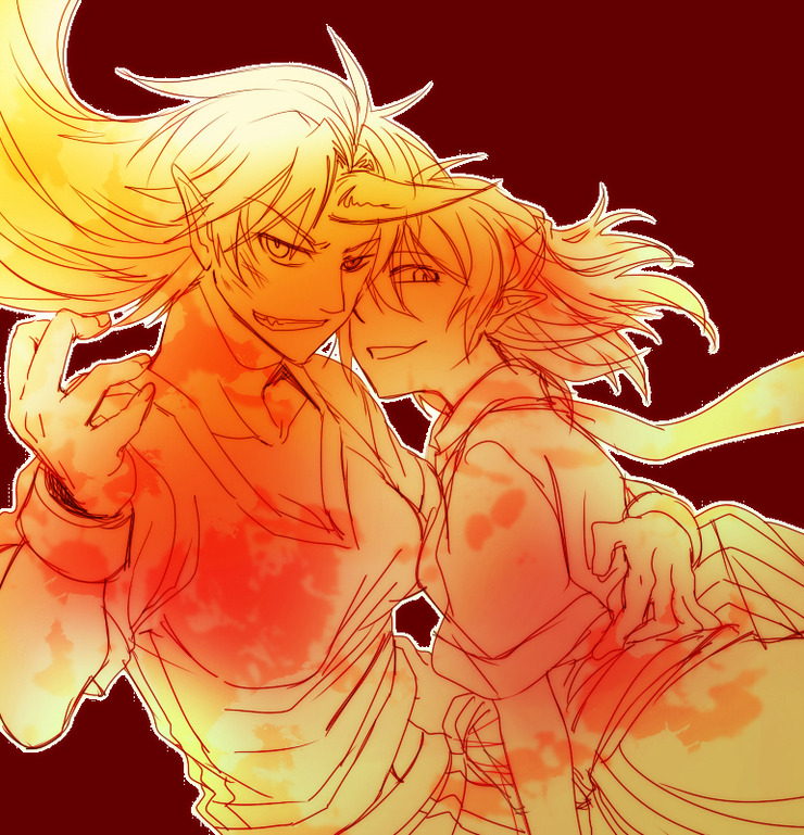 re ghotion, hoshiguma yuugi, mizuhashi parsee, touhou, 2girls, brown background, female focus, grin, horns, long hair, monochrome, multiple girls, orange theme, pointy ears, short hair, simple background, single horn, slit pupils, smile