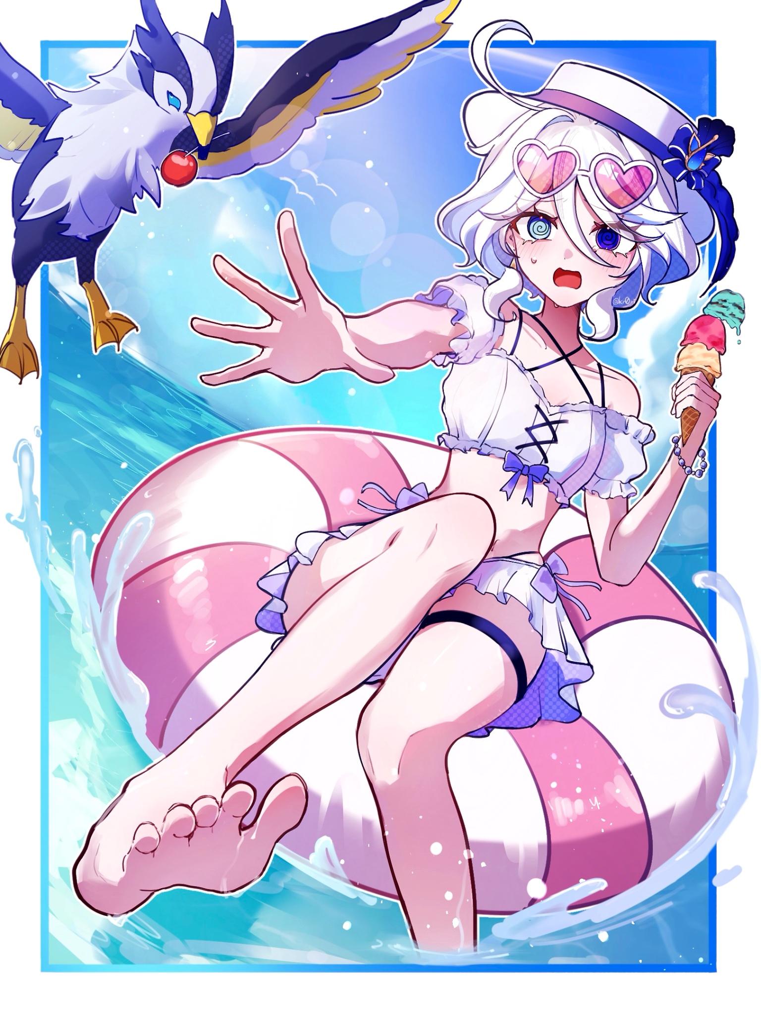 ama some (kr0ri), furina (genshin impact), genshin impact, highres, 1girl, barefoot, bikini, blue eyes, blue hair, detached sleeves, frilled bikini, frills, gradient-tinted eyewear, hat, heart, heart-shaped eyewear, heterochromia, holding, holding ice cream cone, ice cream cone, short hair, swim ring, swimsuit, thigh strap, tinted eyewear, water, white hair