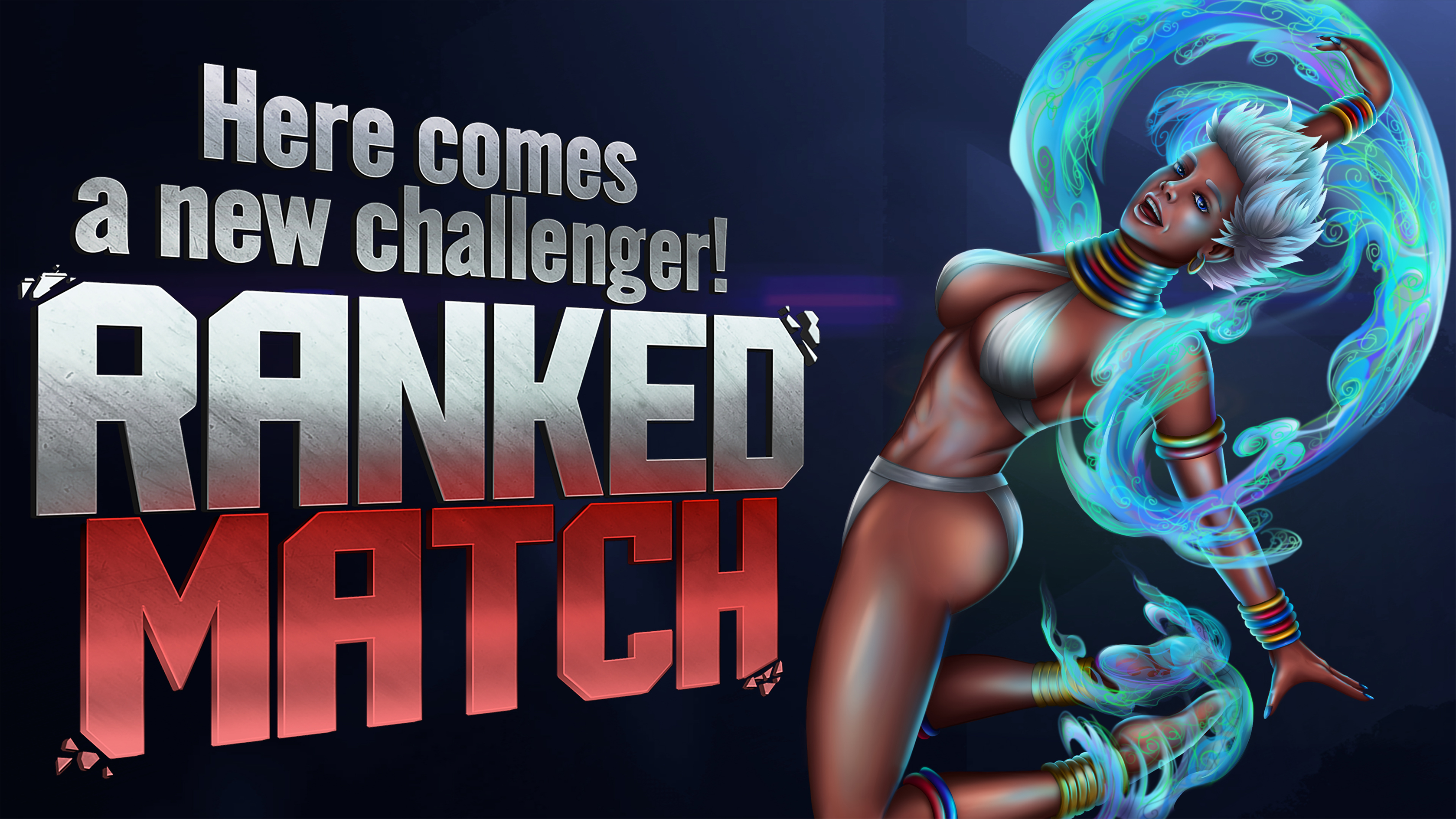 elena (street fighter), street fighter, 1girl, abs, anklet, armlet, bikini, blue eyes, blue nails, breasts, criss-cross halter, dark-skinned female, dark skin, earrings, feet, full body, halterneck, jewelry, jumping, looking at viewer, open mouth, short hair, solo, swimsuit, white hair