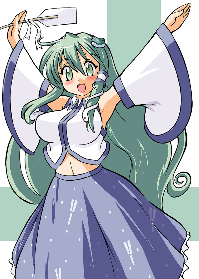 gomamiso (gomamiso sp), kochiya sanae, touhou, 1girl, breasts, detached sleeves, female focus, frog, green eyes, green hair, hair ornament, japanese clothes, long hair, matching hair/eyes, snake, solo
