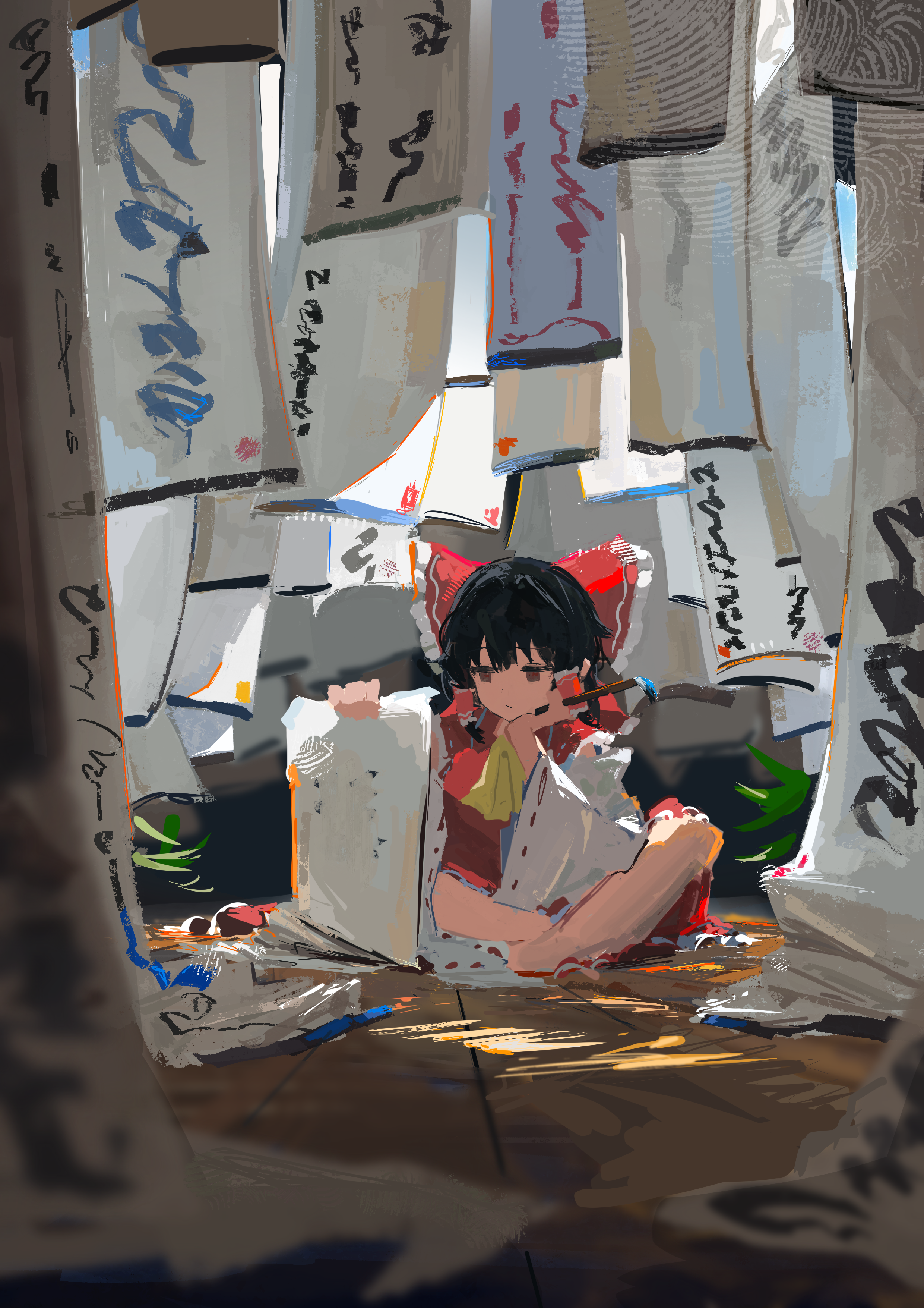koukouya, hakurei reimu, touhou, absurdres, commentary request, highres, 1girl, ascot, black hair, bow, brown eyes, closed mouth, detached sleeves, frilled bow, frilled hair tubes, frills, hair bow, hair tubes, hand on own chin, holding, holding paintbrush, holding paper, long hair, paintbrush, paper, red bow, red skirt, ribbon-trimmed sleeves, ribbon trim, sitting, skirt, skirt set, solo, yellow ascot