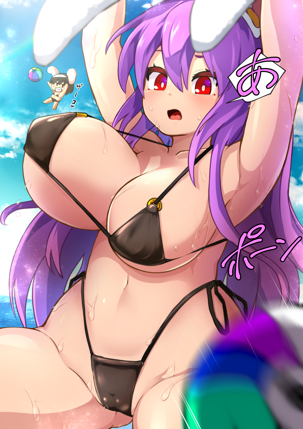 peso (cheese company), inaba tewi, reisen udongein inaba, touhou, commentary request, highres, large variant set, paid reward available, variant set, 2girls, a (phrase), animal ears, arms up, ball, beachball, bikini, black bikini, blue sky, breasts, cleavage, cloud, horizon, huge breasts, long hair, looking at viewer, multiple girls, navel, o-ring, o-ring bikini, ocean, open mouth, outdoors, purple hair, rabbit ears, rabbit girl, red eyes, sky, solo focus, speech bubble, swimsuit, wet