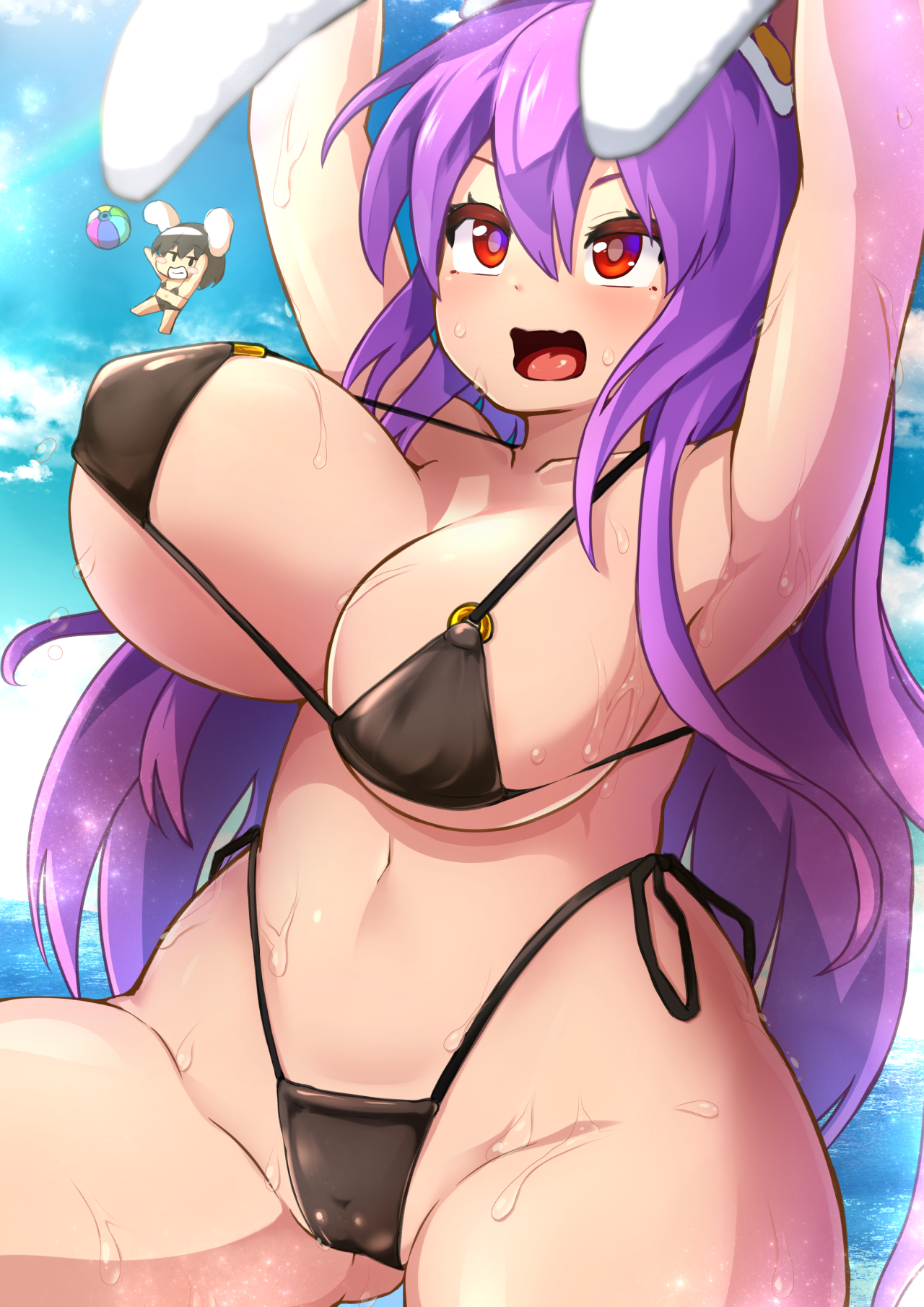 peso (cheese company), inaba tewi, reisen udongein inaba, touhou, commentary request, highres, large variant set, paid reward available, variant set, 2girls, animal ears, arms up, ball, beachball, bikini, black bikini, blue sky, breasts, cleavage, cloud, horizon, huge breasts, long hair, looking at viewer, multiple girls, navel, o-ring, o-ring bikini, ocean, open mouth, outdoors, purple hair, rabbit ears, rabbit girl, red eyes, sky, solo focus, speech bubble, swimsuit, wet