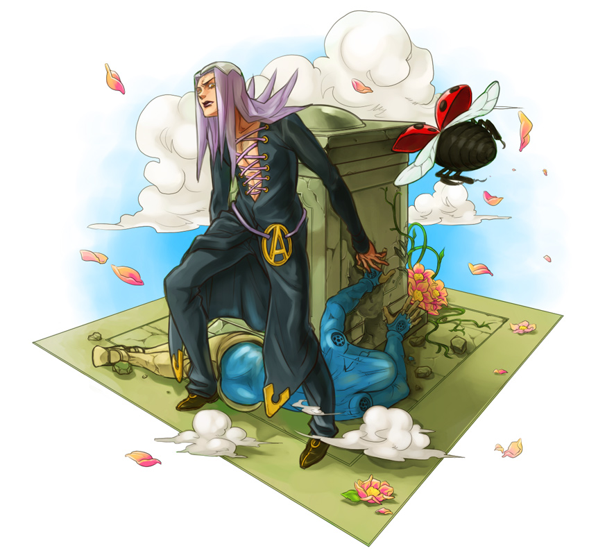 raizou, leone abbacchio, moody blues (stand), jojo no kimyou na bouken, 1boy, black lips, bug, flower, hat, ladybug, lipstick, long hair, makeup, male focus, purple hair, shoes, stand (jojo), white hair