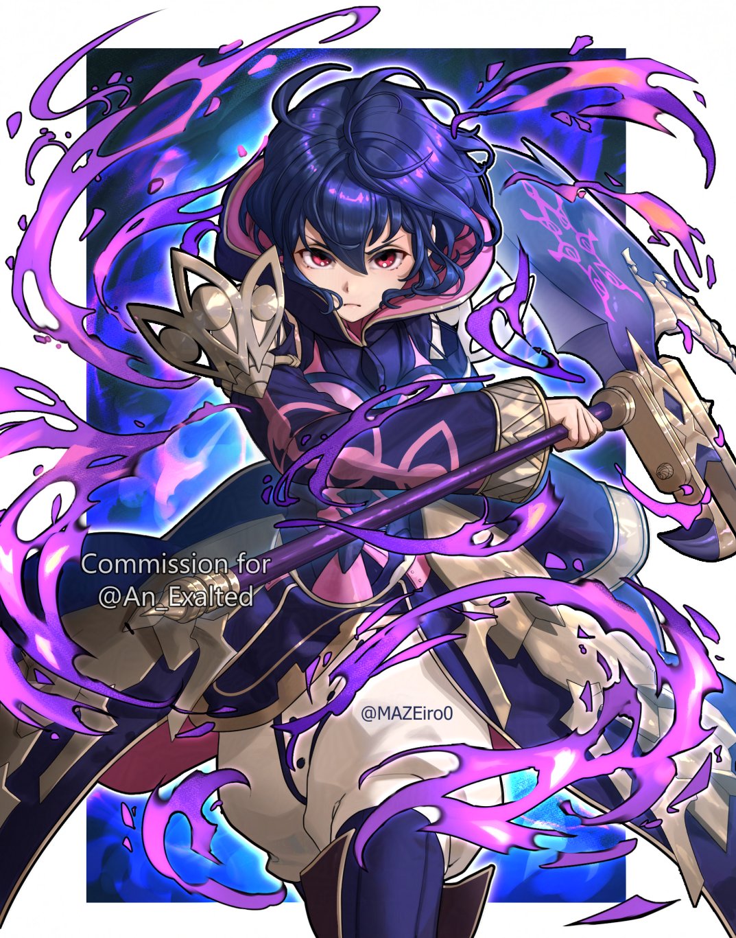 maze draws, female morgan (devoted darkness) (fire emblem), female morgan (fire emblem), fire emblem, fire emblem awakening, fire emblem heroes, nintendo, commission, highres, 1girl, armor, aura, axe, battle axe, black hair, black robe, breasts, closed mouth, dark aura, dark persona, holding, holding axe, hood, long sleeves, looking at viewer, official alternate costume, pants, red eyes, robe, short hair, weapon