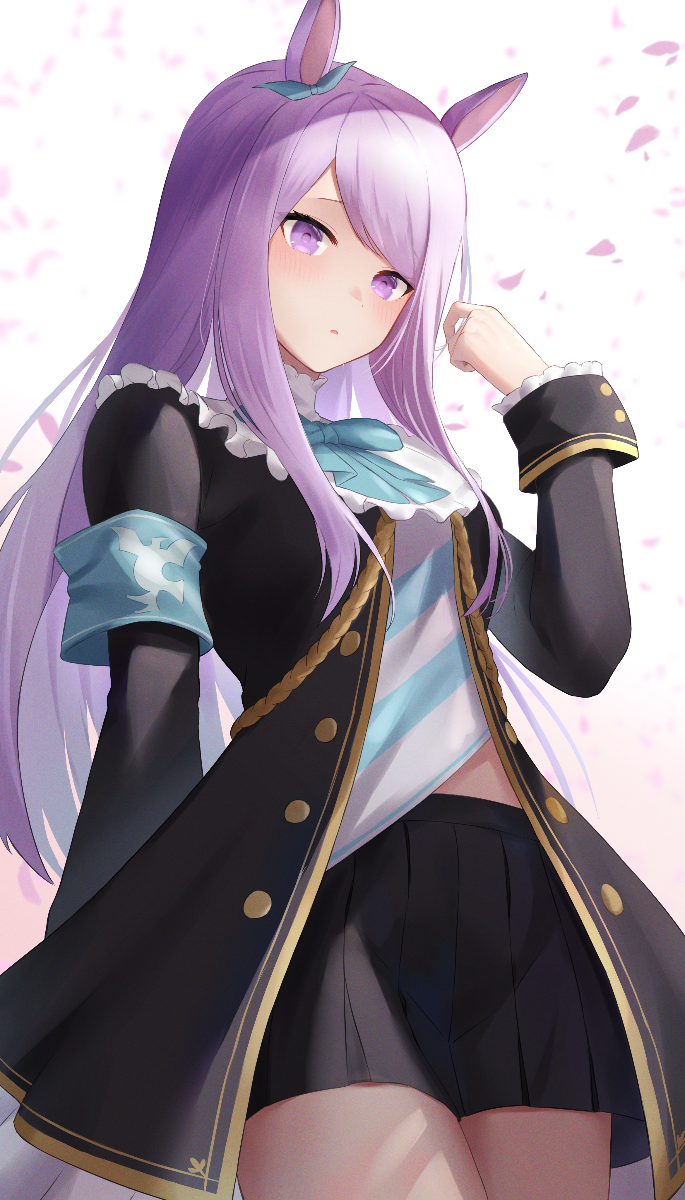 hiroserii, mejiro mcqueen (frontline elegance) (umamusume), mejiro mcqueen (umamusume), umamusume, absurdres, highres, 1girl, animal ears, aqua bow, aqua bowtie, aqua ribbon, armband, black jacket, black skirt, blush, bow, bowtie, breasts, coat, ear bow, ear ribbon, frilled coat, frilled jacket, frills, green bow, green bowtie, horse ears, horse girl, horse tail, jacket, long hair, long sleeves, parted lips, petals, pleated skirt, purple eyes, purple hair, ribbon, shirt, skirt, solo, tail