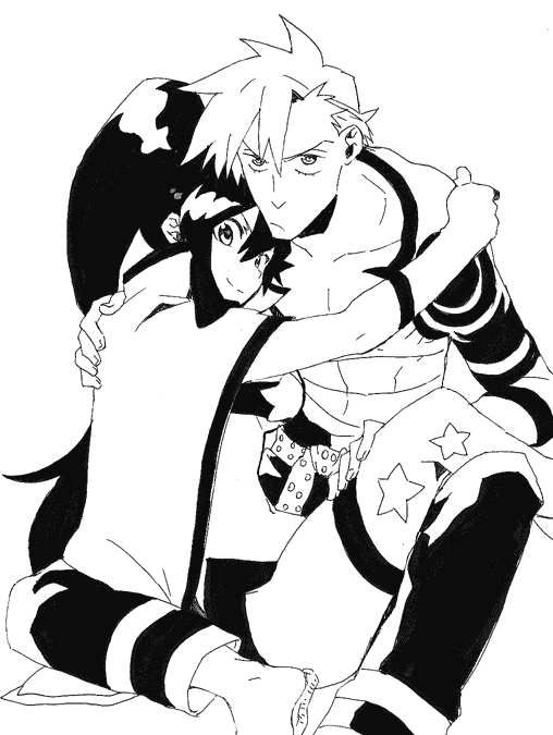 zukki (suzukio), kamina (ttgl), yoko littner, tengen toppa gurren lagann, 00s, 1boy, 1girl, bandages, between legs, couple, greyscale, hetero, holding, lineart, monochrome, ponytail, scowl, smile, tattoo, thighhighs