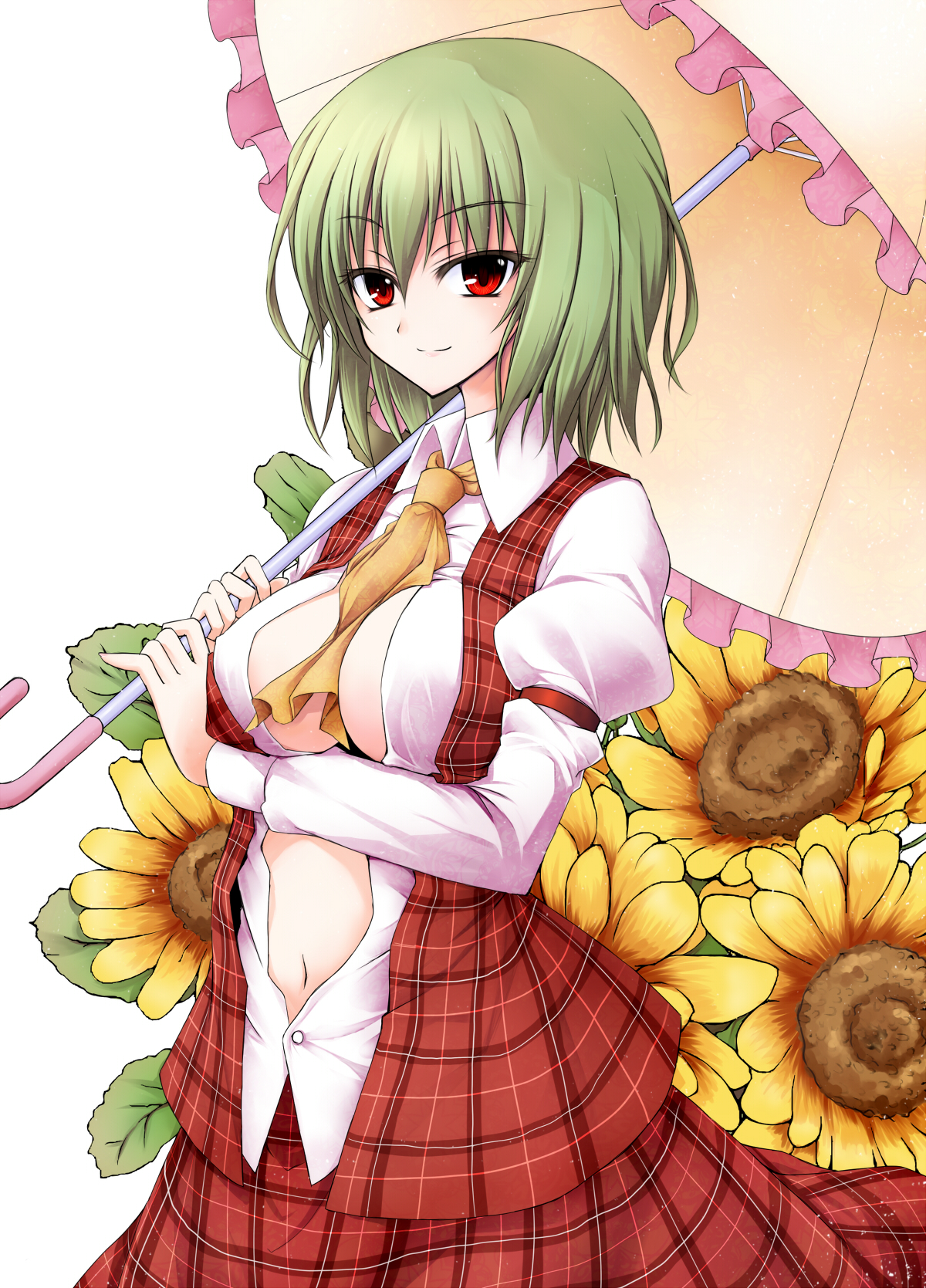utakata (kochou no yume), kazami yuuka, touhou, plaid, highres, 1girl, between breasts, breasts, cleavage, female focus, flower, green hair, large breasts, navel, no bra, open clothes, open shirt, red eyes, ribbon, shirt, short hair, smile, solo, sunflower, umbrella
