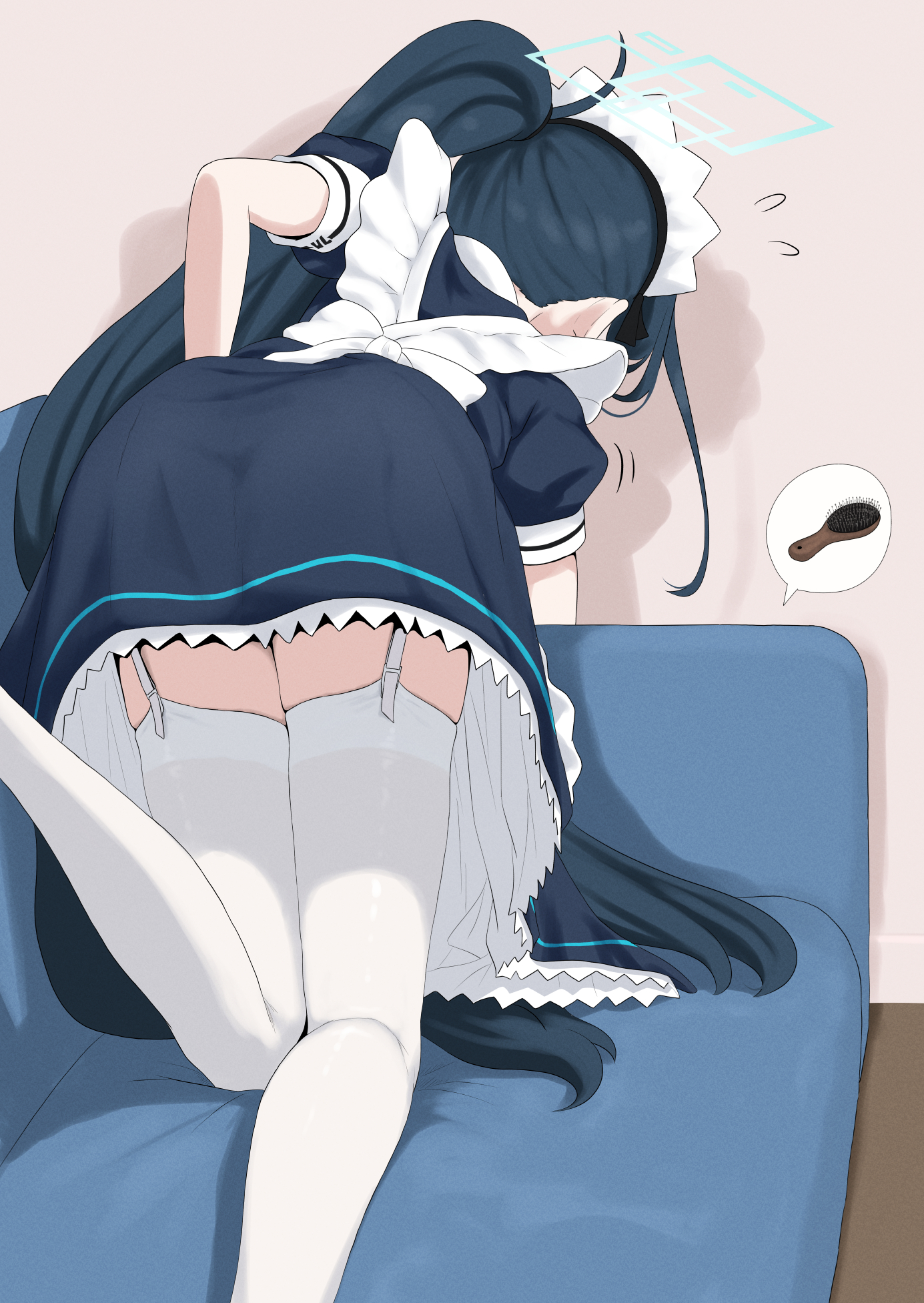 unamaso, aris (blue archive), aris (maid) (blue archive), blue archive, highres, 1girl, all fours, apron, ass, black dress, black hair, blue halo, comb, couch, dress, facing away, garter straps, halo, long hair, maid, maid headdress, on couch, rectangular halo, short sleeves, side ponytail, solo, thighhighs, very long hair, white apron, white garter straps, white thighhighs