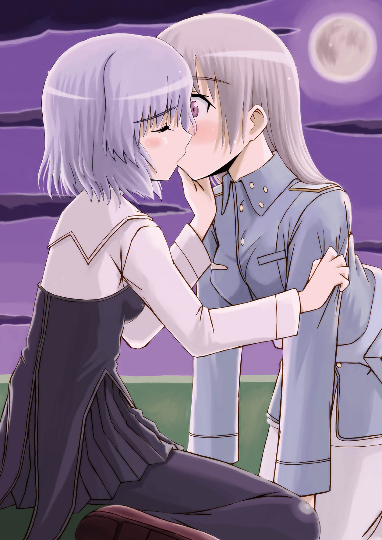 kaji (progress problem), eila ilmatar juutilainen, sanya v. litvyak, strike witches, world witches series, silver hair, highres, 00s, 2girls, black pantyhose, blonde hair, blush, couple, full moon, kiss, long hair, military, military uniform, moon, multiple girls, pantyhose, purple eyes, short hair, white pantyhose, yuri