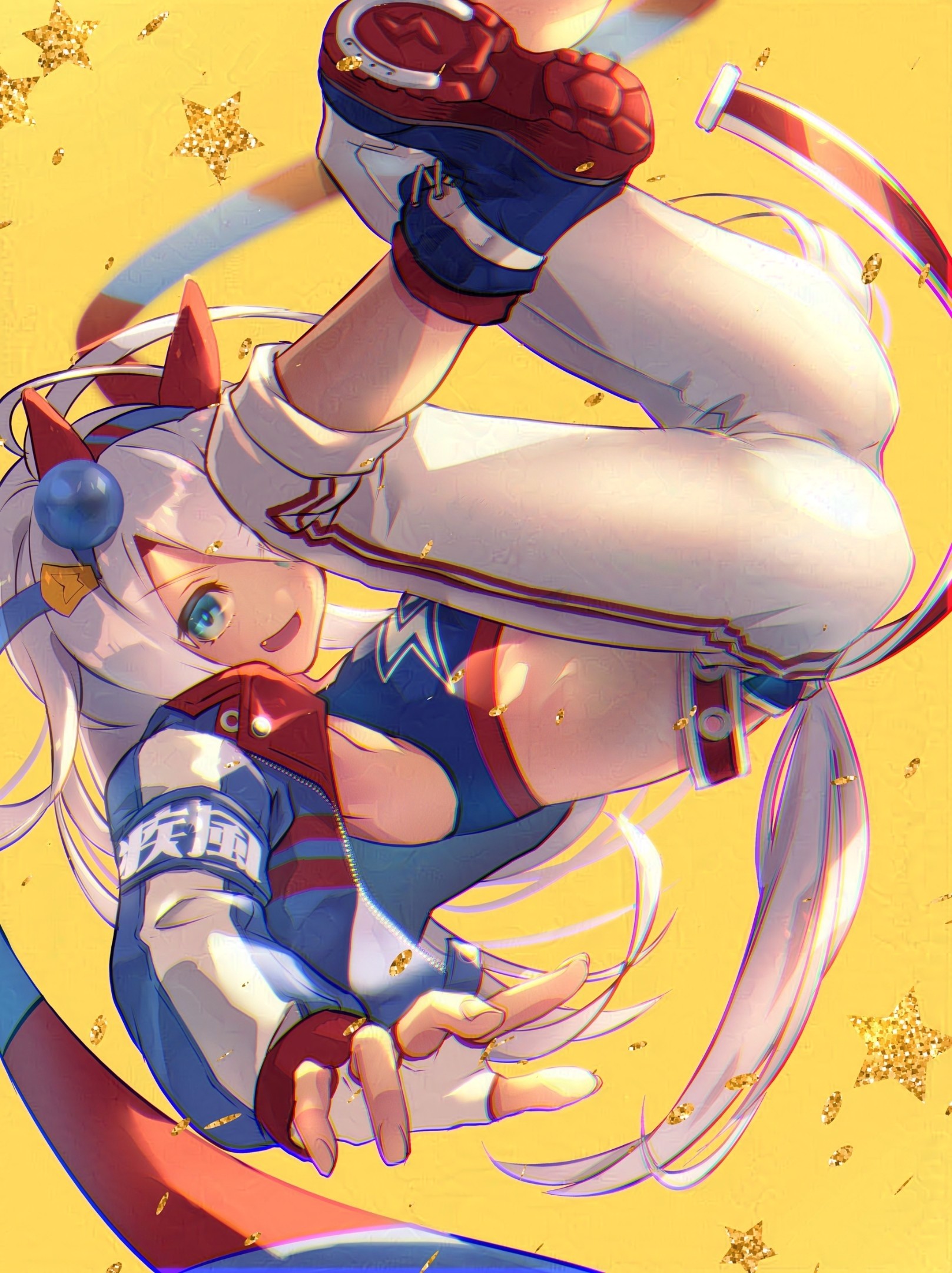 mizutsuki arika, tamamo cross (umamusume), tamamo cross (with lightning speed) (umamusume), umamusume, highres, 1girl, animal ears, blue eyes, blue hairband, blue jacket, blue sports bra, blush, breasts, ear covers, fang, gloves, grey hair, grey tail, hair between eyes, hairband, headband, horse ears, horse girl, horse tail, jacket, lightning bolt print, long hair, long sleeves, midriff, multicolored hairband, open mouth, pants, red headband, small breasts, smile, sports bra, star (symbol), striped clothes, striped hairband, tail, two-tone hairband, white gloves, white pants