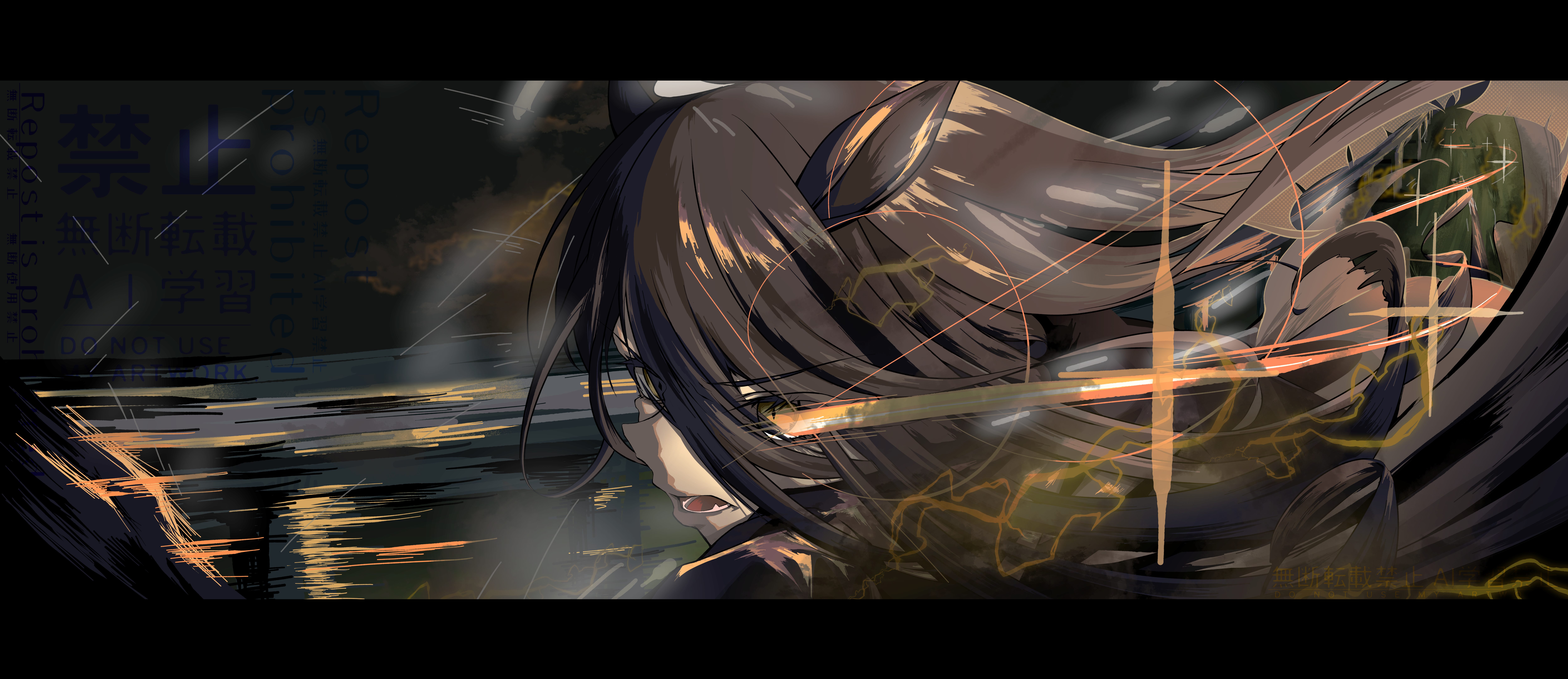 kanran (k han ran), manhattan cafe (creeping shadow) (umamusume), manhattan cafe (umamusume), umamusume, absurdres, highres, incredibly absurdres, 1girl, ahoge, animal ears, black coat, black gloves, black hair, coat, eye trail, gloves, hair between eyes, horse ears, horse girl, light trail, long bangs, long hair, long hair between eyes, motion blur, multicolored hair, open mouth, running, solo, teeth, white hair, yellow eyes