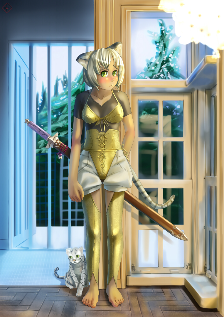 raybar, bad id, bad pixiv id, animal ears, armor, barefoot, blush, cat, cat ears, cat tail, feet, solo, standing, sword, tail, weapon, white hair