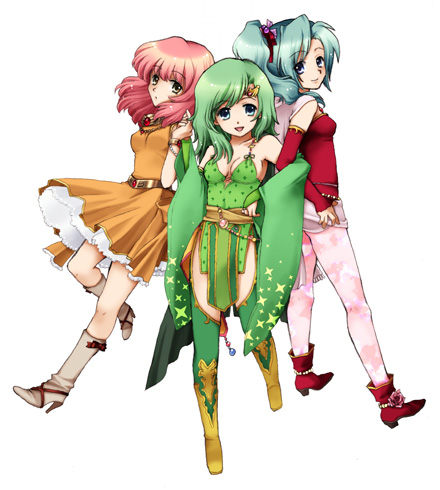 en la festa, lenna charlotte tycoon, rydia (adult) (ff4), rydia (ff4), tina branford, final fantasy, final fantasy iv, final fantasy v, final fantasy vi, green legwear, red footwear, white footwear, bad id, bad pixiv id, lowres, 1990s (style), 3girls, aged up, blue eyes, boots, brown eyes, green eyes, green hair, locked arms, multiple girls, orange shirt, orange skirt, pantyhose, pink hair, retro artstyle, shirt, shoes, skirt, yellow boots