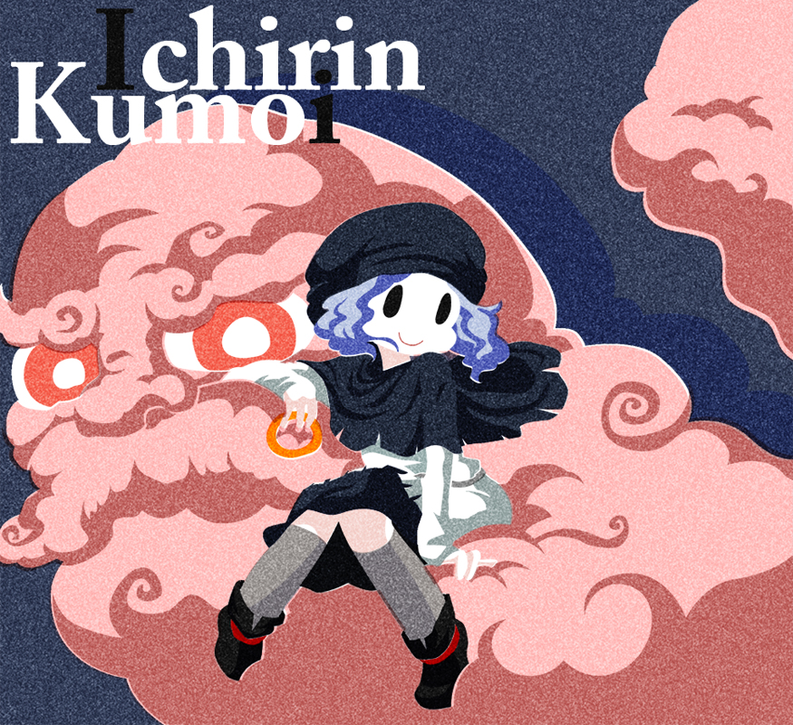 karaagetarou, kumoi ichirin, unzan, touhou, 0 0, 1boy, 1girl, blue hair, blue theme, bracelet, character name, chibi, cloud, facial hair, jewelry, mustache, ring, short hair