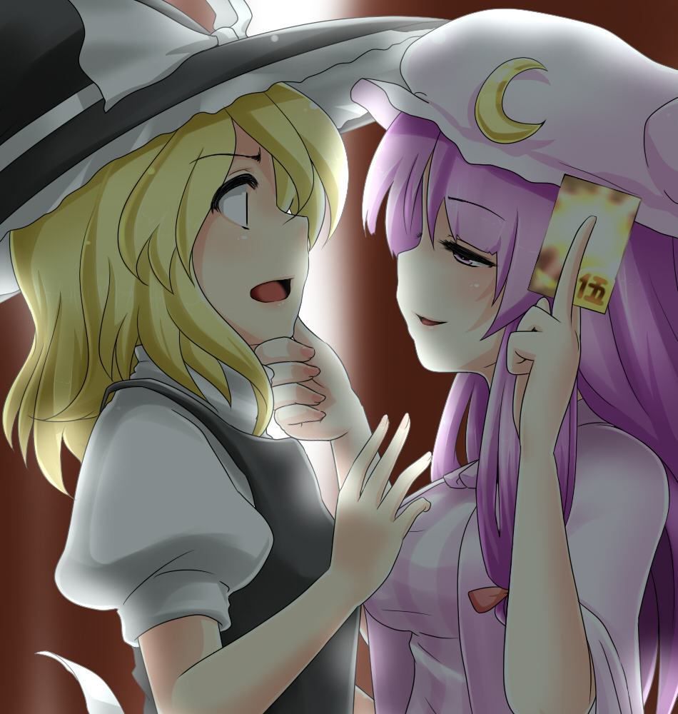 miki purasu, kirisame marisa, patchouli knowledge, touhou, 2girls, backlighting, blonde hair, eye contact, female focus, grabbing another's chin, hand on another's chin, hat, long hair, looking at another, multiple girls, naughty face, purple eyes, purple hair, role reversal, short hair, spell card, witch, witch hat, you gonna get raped, yuri