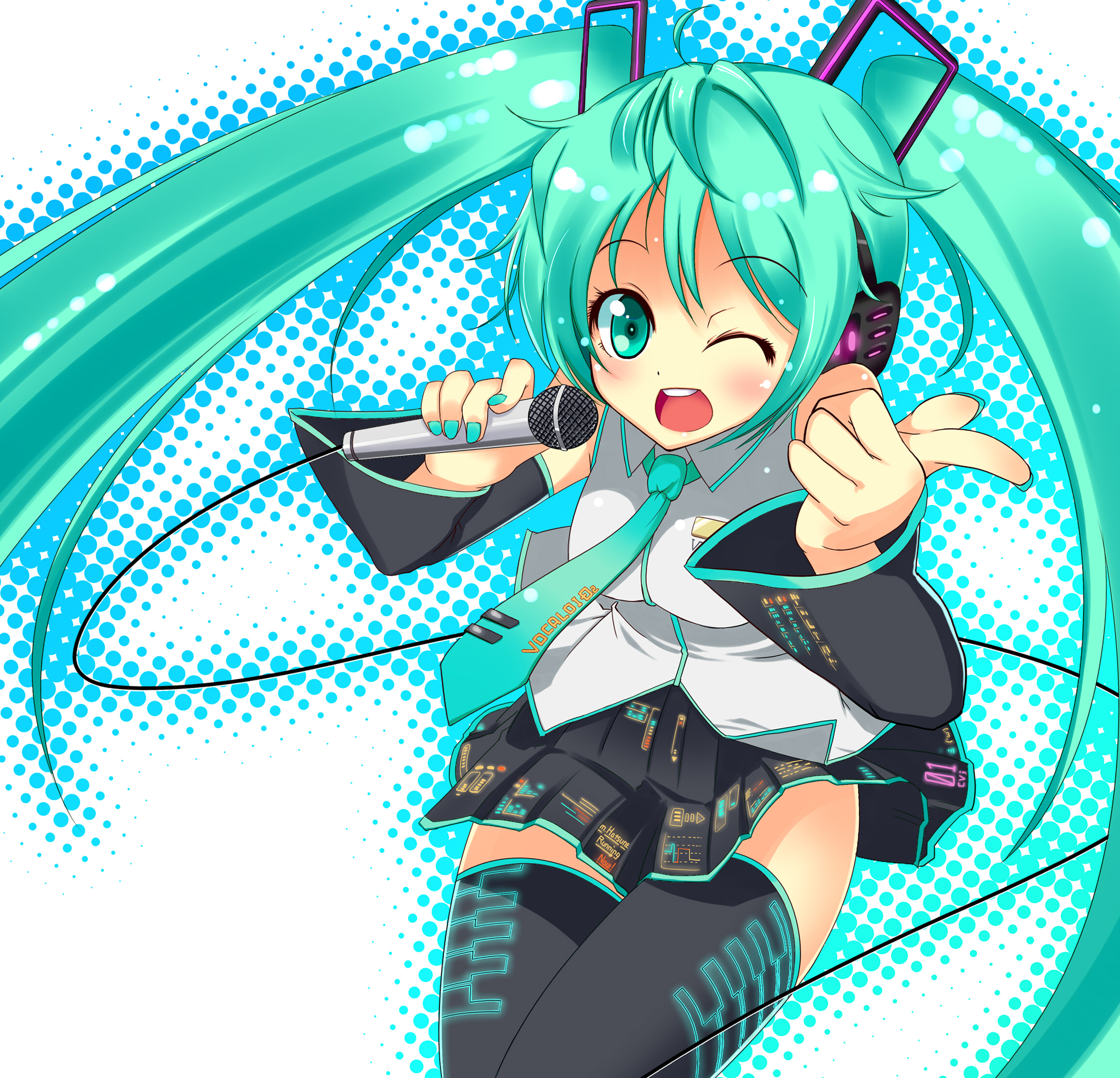 nickq, hatsune miku, vocaloid, highres, 1girl, aqua eyes, aqua hair, detached sleeves, female focus, halftone, halftone background, headphones, long hair, necktie, skirt, smile, solo, thighhighs, twintails, very long hair, white background, wink, zettai ryouiki