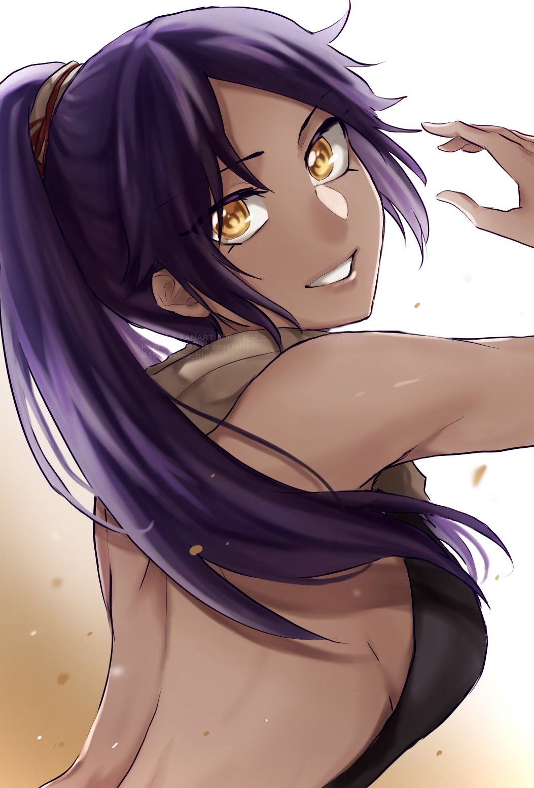 1046sstep btoh, shihouin yoruichi, bleach, commentary request, highres, 1girl, backless outfit, breasts, brown lips, dark-skinned female, dark skin, from side, high ponytail, large breasts, long hair, looking at viewer, orange eyes, ponytail, purple hair, sideboob, smile, solo, upper body