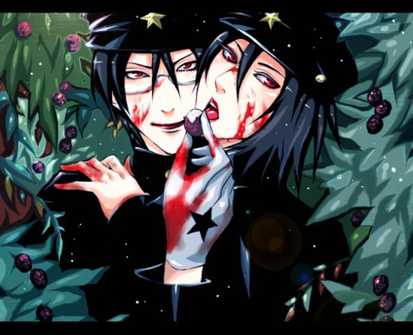 jaibo (litchi hikari club), zera (litchi hikari club), litchi hikari club, 2boys, black hair, blood, gakuran, glasses, male focus, multiple boys, nature, school uniform, yaoi
