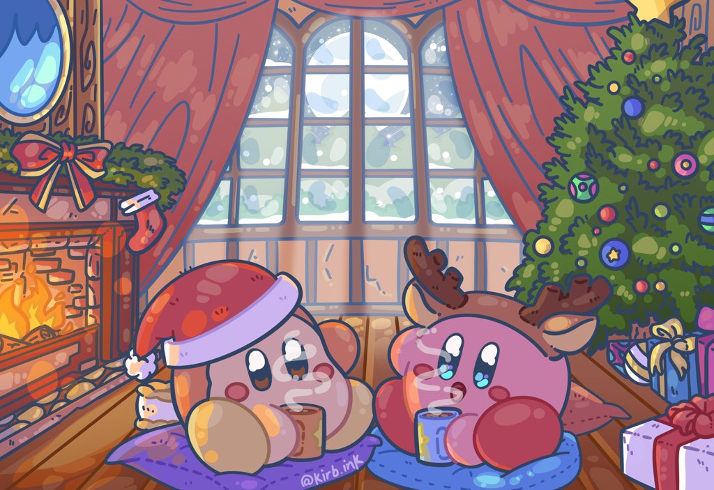aimaay, kirby, waddle dee, kirby (series), nintendo, commentary, english commentary, :d, artist name, blush stickers, christmas, christmas ornaments, christmas present, christmas stocking, christmas tree, cup, curtains, decorating christmas tree, fake antlers, fire, fireplace, firewood, full moon, gift, hat, holding, holding cup, hot chocolate, indoors, merry christmas, mirror, moon, open mouth, santa hat, smile, snowing, star (symbol), tongue, window