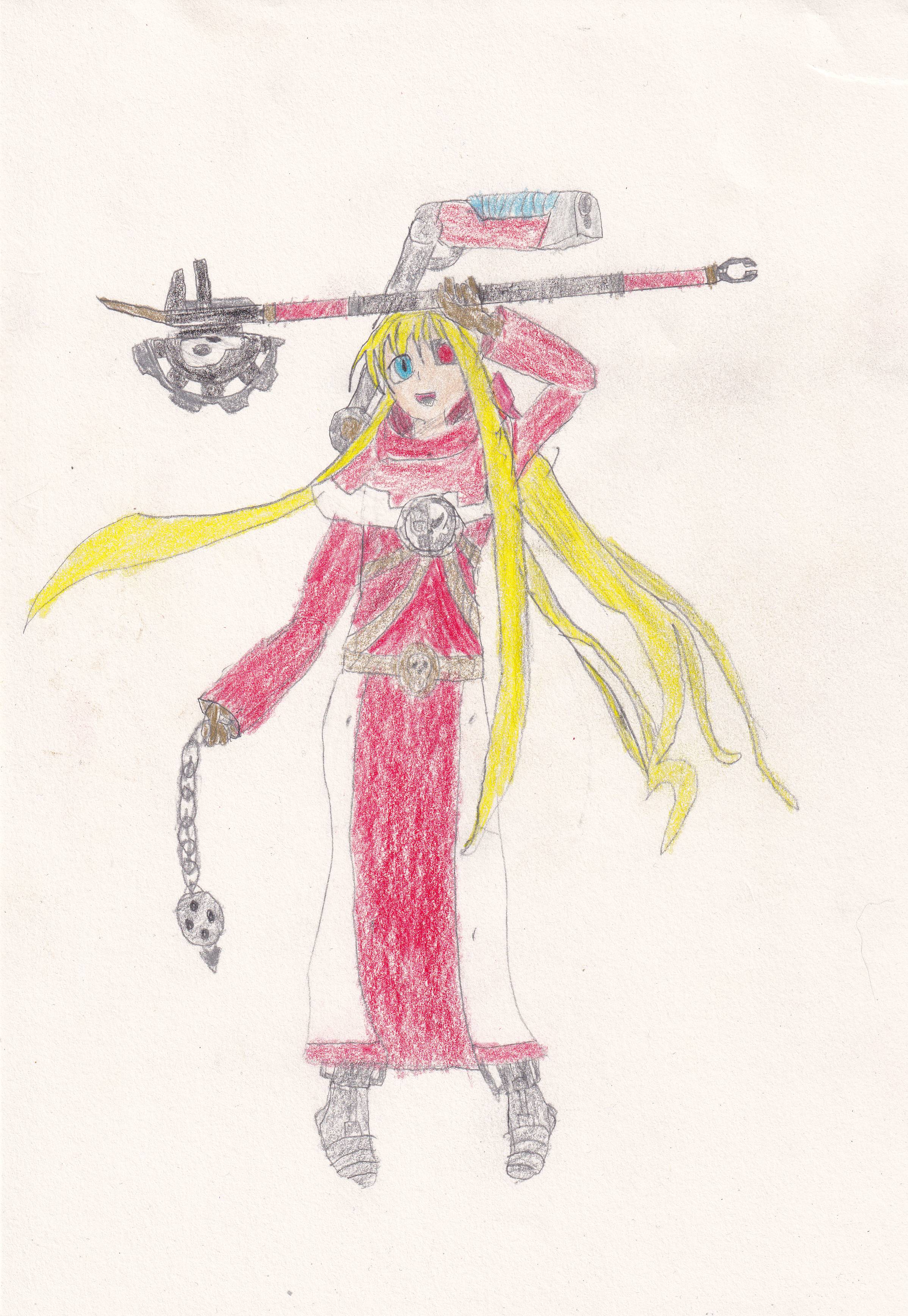 techpriest, tita russell, eiyuu densetsu, sora no kiseki, warhammer 40k, absurdres, highres, 1girl, artificial eye, blonde hair, cosplay, cyborg, holding, holding wrench, incense burner, mechanical arms, mechanical eye, mechanical legs, omnissian axe, plasma gun, red robe, robe, tools, wrench