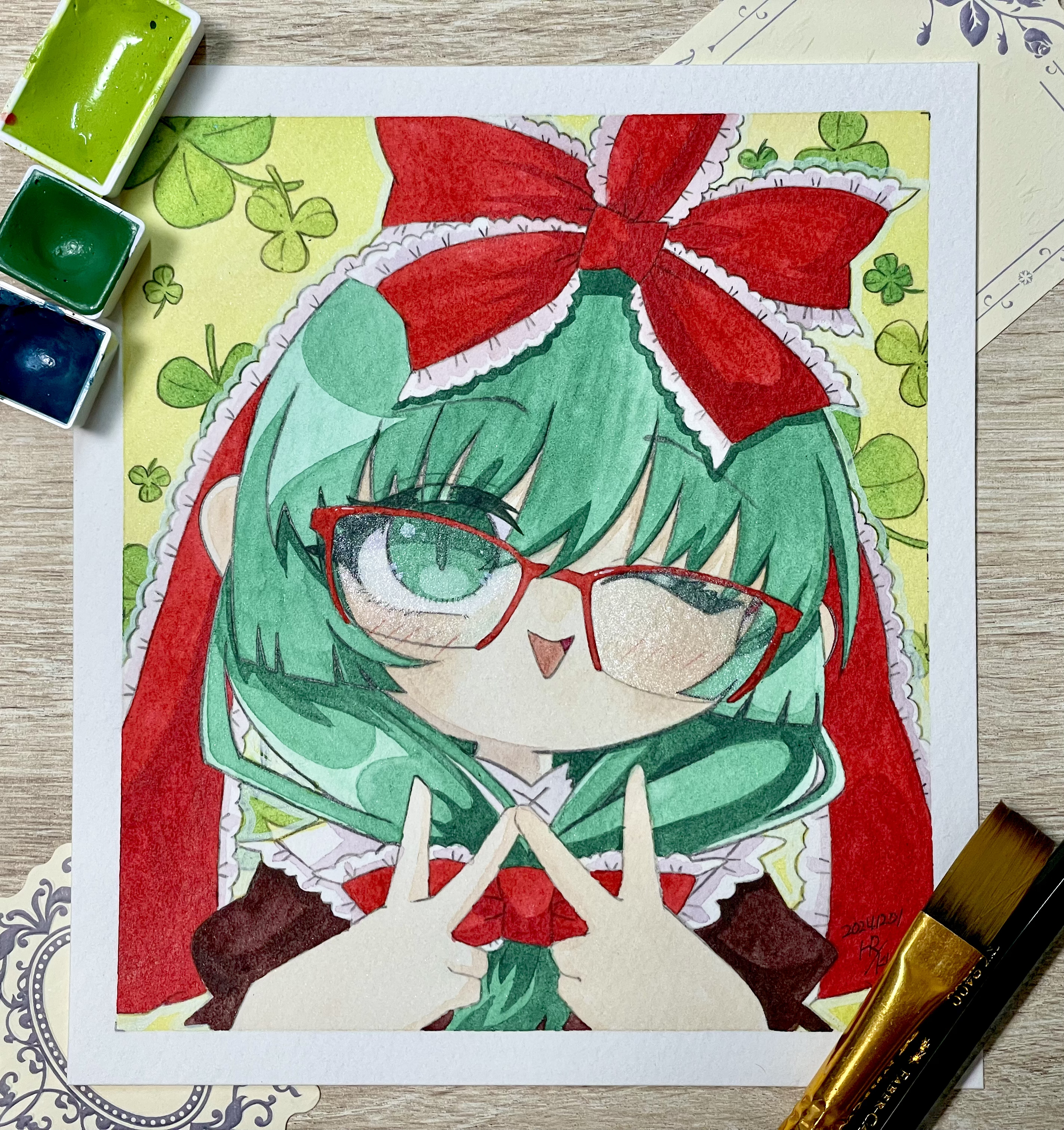 homara8524, kagiyama hina, touhou, absurdres, highres, painting (medium), traditional media, watercolor (medium), 1girl, art tools in frame, bespectacled, clover, double inward v, frilled ribbon, frills, glasses, green eyes, green hair, hair ribbon, looking at viewer, one eye closed, open mouth, over-rim eyewear, portrait, red-framed eyewear, red ribbon, ribbon, semi-rimless eyewear, solo