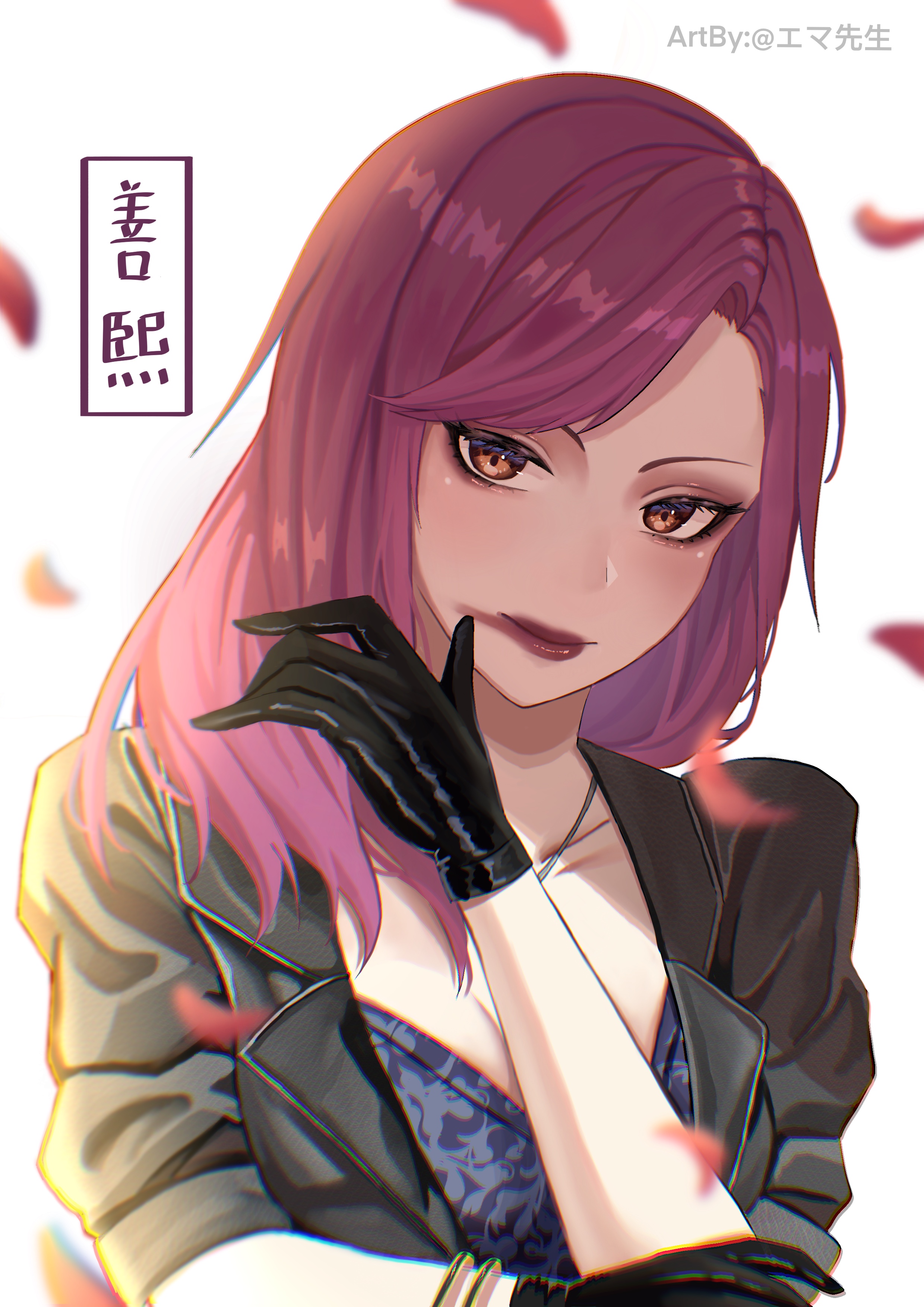 emmasensei, seonhee, ryuu ga gotoku (series), ryuu ga gotoku 7, absurdres, highres, 1girl, artist name, black gloves, black jacket, breasts, character name, cleavage, collarbone, earrings, gloves, jacket, jewelry, looking at viewer, necklace, open clothes, open jacket, puffy short sleeves, puffy sleeves, purple hair, red lips, short sleeves, smile, solo, upper body, wavy hair