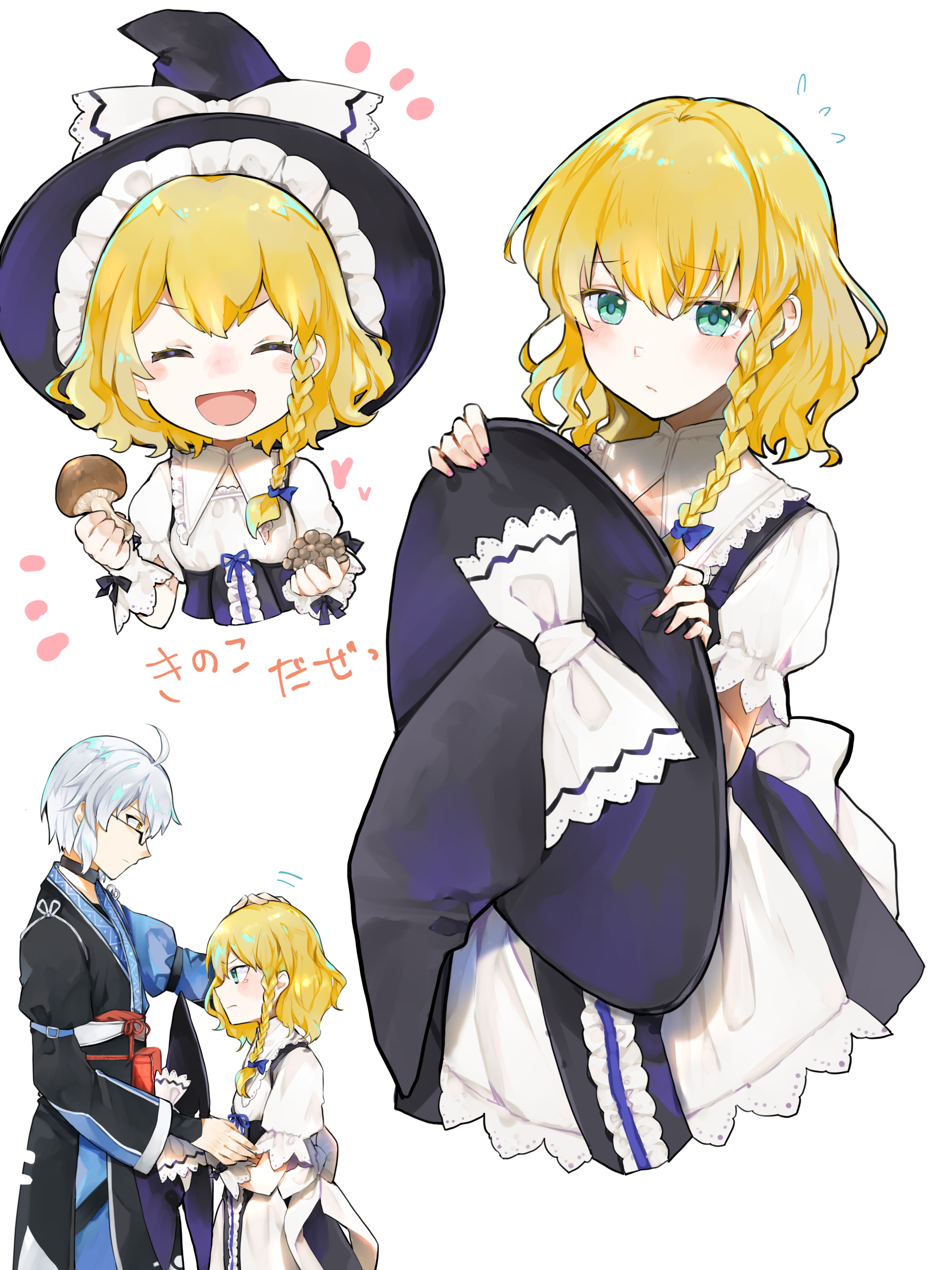 minatsuki yurara, kirisame marisa, morichika rinnosuke, curiosities of lotus asia, touhou, absurdres, commentary request, highres, translated, 1boy, 1girl, ahoge, back bow, black choker, black hat, blonde hair, blue bow, blush, bow, braid, choker, cleavage cutout, closed eyes, closed mouth, clothing cutout, fang, glasses, green eyes, grey hair, hair bow, hat, hat bow, headpat, heart, height difference, holding, holding mushroom, holding unworn clothes, holding unworn hat, japanese clothes, long hair, long sleeves, mushroom, no headwear, official alternate costume, open mouth, short sleeves, side braid, single braid, smile, unworn hat, unworn headwear, white bow, witch hat