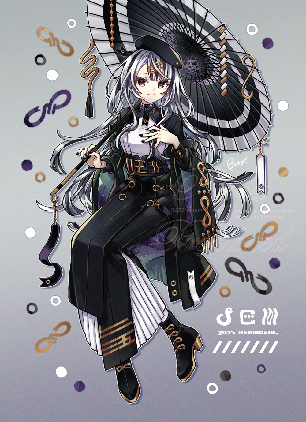 buzz (moi), original, commentary request, highres, 1girl, black boots, black hair, black nails, black skirt, black umbrella, boots, brown eyes, closed mouth, grey background, grey hair, hair ornament, hairclip, high heel boots, high heels, holding, holding umbrella, long hair, long sleeves, looking at viewer, multicolored hair, nail polish, oil-paper umbrella, puffy long sleeves, puffy sleeves, shirt, shrug (clothing), simple background, sitting, skirt, smile, solo, streaked hair, umbrella, very long hair, water, white shirt