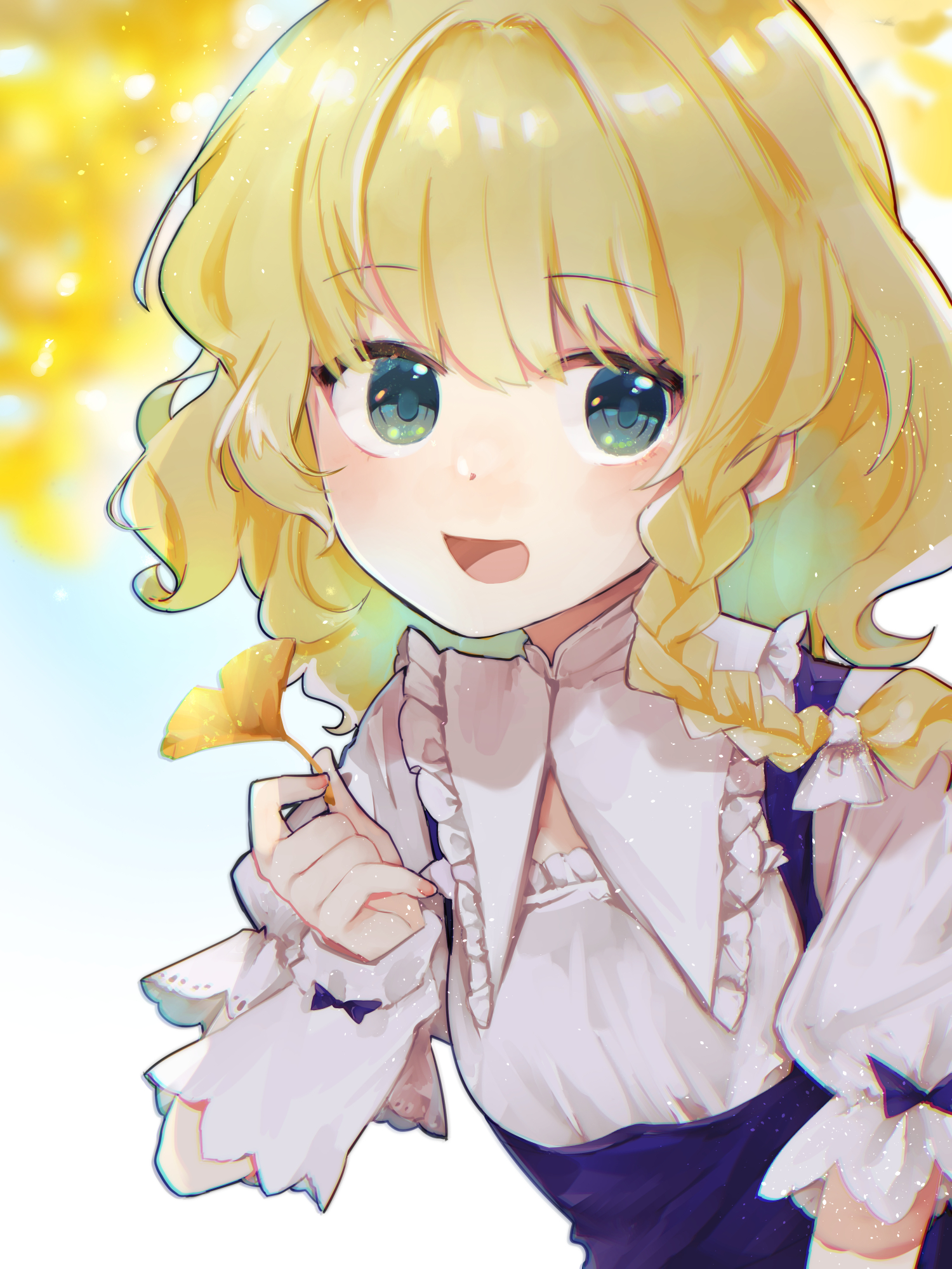 minatsuki yurara, kirisame marisa, curiosities of lotus asia, touhou, commentary request, highres, 1girl, autumn leaves, blonde hair, blue eyes, blue vest, bow, braid, collar, frills, ginkgo leaf, gradient background, green eyes, hair bow, holding, holding leaf, leaf, long hair, looking at viewer, medium hair, official alternate costume, open mouth, parted lips, shirt, side braid, single braid, smile, solo, upper body, vest, white bow, white shirt, wrist cuffs