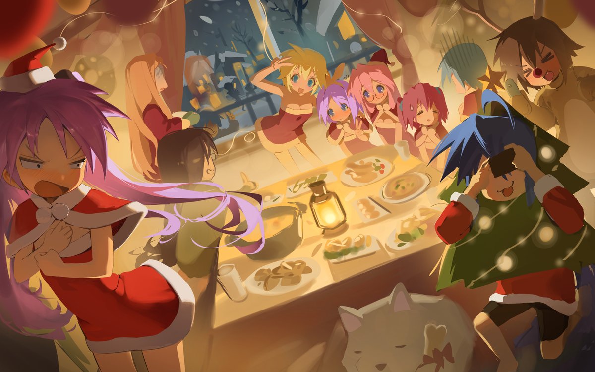 hakun (hak kun), hiiragi kagami, hiiragi tsukasa, iwasaki minami, izumi konata, kobayakawa yutaka, kusakabe misao, minegishi ayano, patricia martin, takara miyuki, tamura hiyori, lucky star, > <, 6+girls, bare shoulders, blonde hair, blue eyes, blue hair, blush, building, christmas, christmas tree, christmas wreath, closed eyes, dress, feet out of frame, female focus, food, glasses, hair ribbon, hat, house, indoors, lantern, long hair, multiple girls, night, plate, purple hair, red nose, ribbon, santa costume, santa dress, santa hat, standing, star (symbol), table, wreath