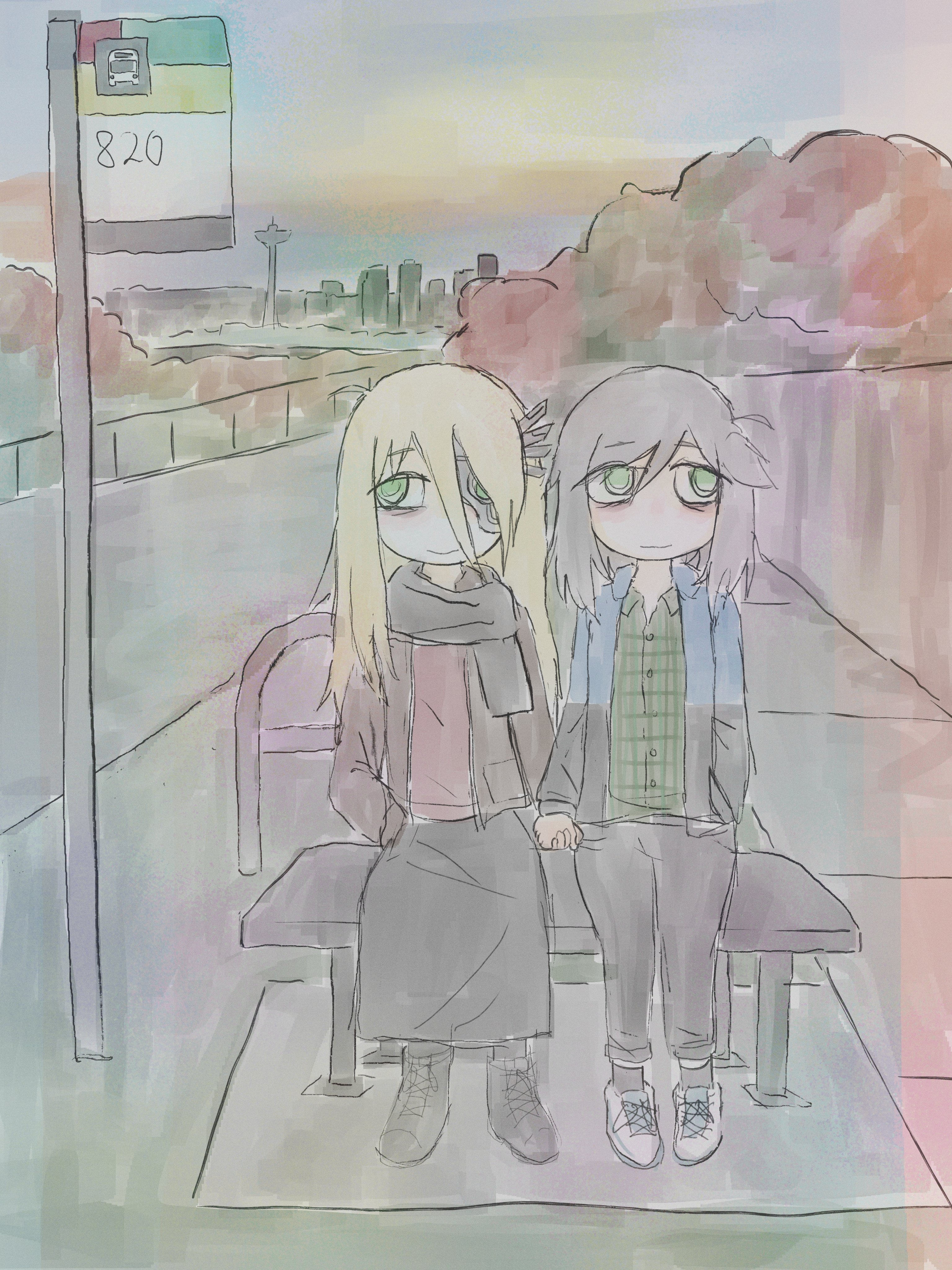 mentha (menthalovely), original, absurdres, highres, 2girls, bags under eyes, bench, black boots, black jacket, black pants, black scarf, black skirt, blonde hair, blue jacket, blush, boots, brown jacket, bus stop, cityscape, closed mouth, eye mask, green eyes, green shirt, grey hair, holding hands, implied yuri, jacket, long hair, looking to the side, mask, multicolored jacket, multiple girls, outdoors, pants, plaid clothes, plaid shirt, red shirt, scarf, seattle, shirt, shoes, short hair, sitting, skirt, space needle, wavy mouth, white shoes