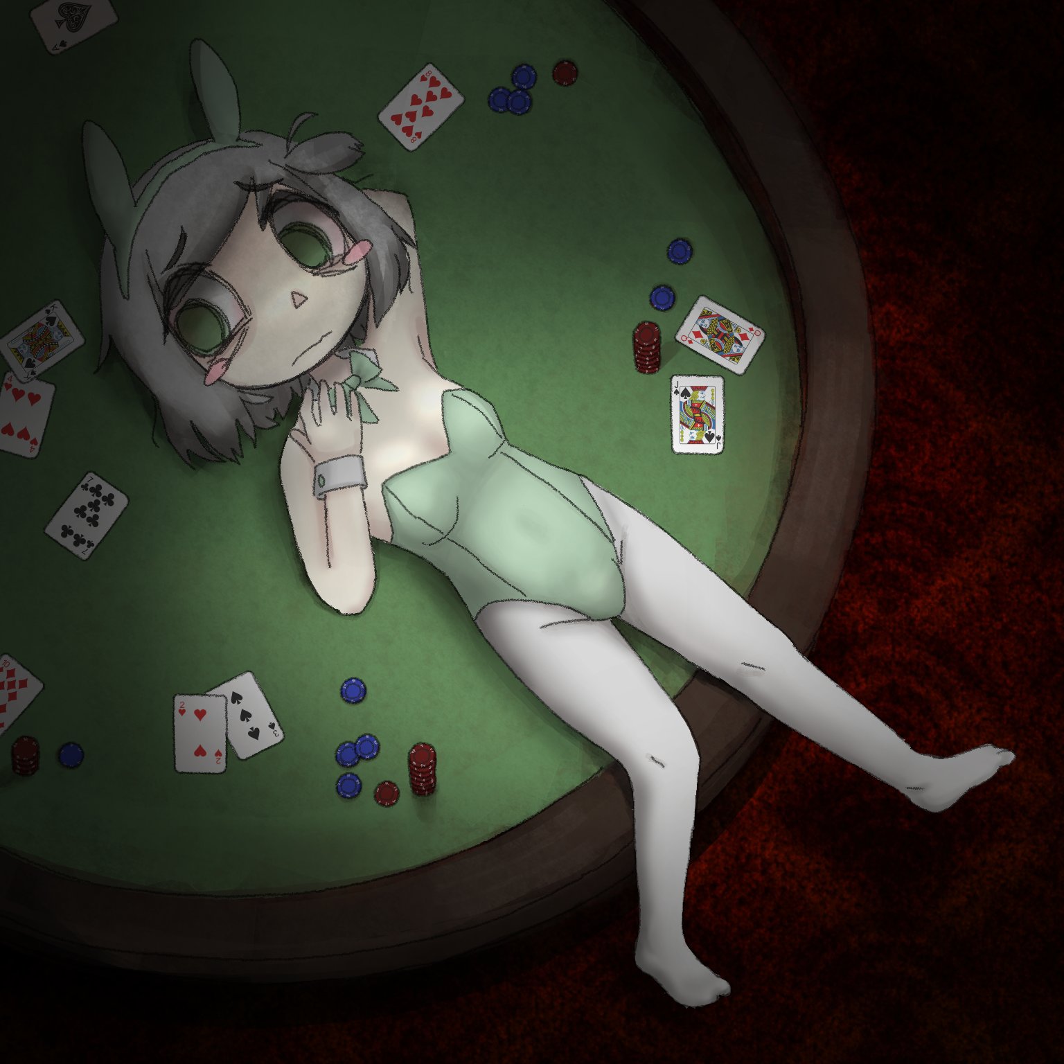 mentha (menthalovely), original, highres, 1girl, animal ears, arm behind head, armpits, bags under eyes, bare shoulders, bow, breasts, card, detached collar, fake animal ears, feet, green bow, green eyes, green leotard, grey hair, indoors, leotard, playboy bunny, playing card, poker chip, poker table, rabbit ears, short hair, small breasts, solo, strapless, strapless leotard, table, wavy mouth