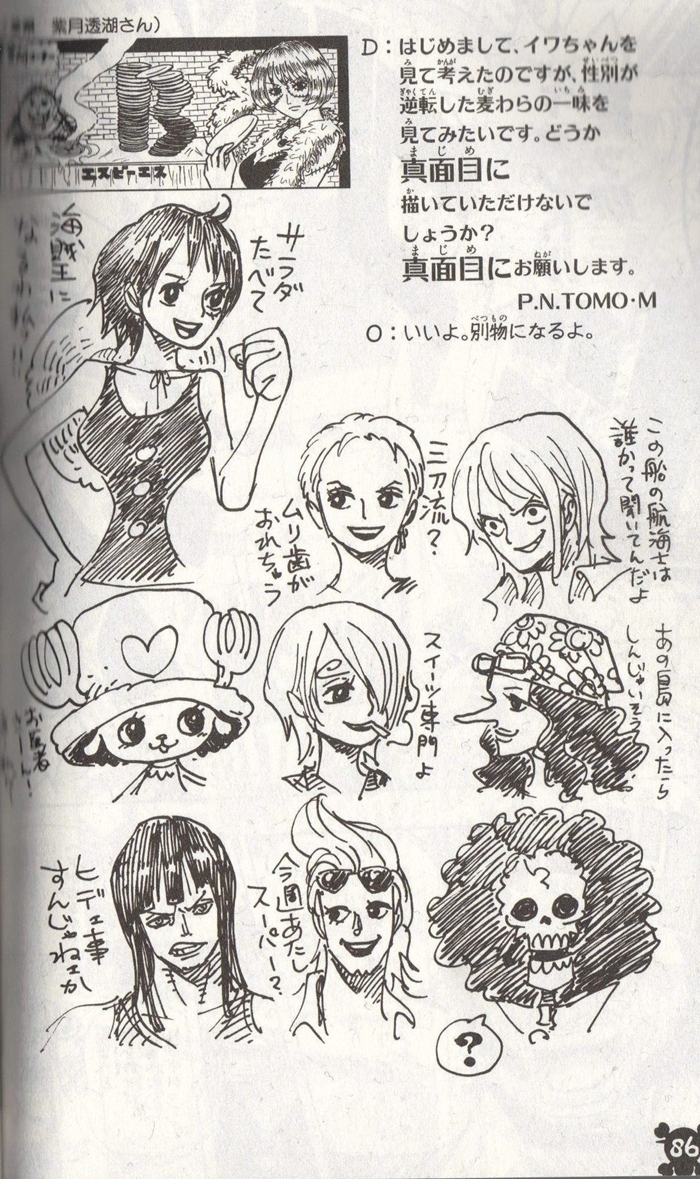 oda eiichirou, sbs, brook (one piece), doctor hogback, franky (one piece), luffyko, monkey d. luffy, nami (one piece), nico robin, roronoa zoro, sanji (one piece), tony tony chopper, usopp, victoria cindry, one piece, official art, translation request, 3boys, 6+girls, afro, alternate universe, antlers, cigarette, earrings, everyone, eyewear on head, furigana, genderswap, genderswap (ftm), genderswap (mtf), hat, horns, jewelry, long hair, monochrome, multiple boys, multiple girls, necklace, plate, scar, short hair, skeleton, skull, smoking, stitches, straw hat, sunglasses, zombie
