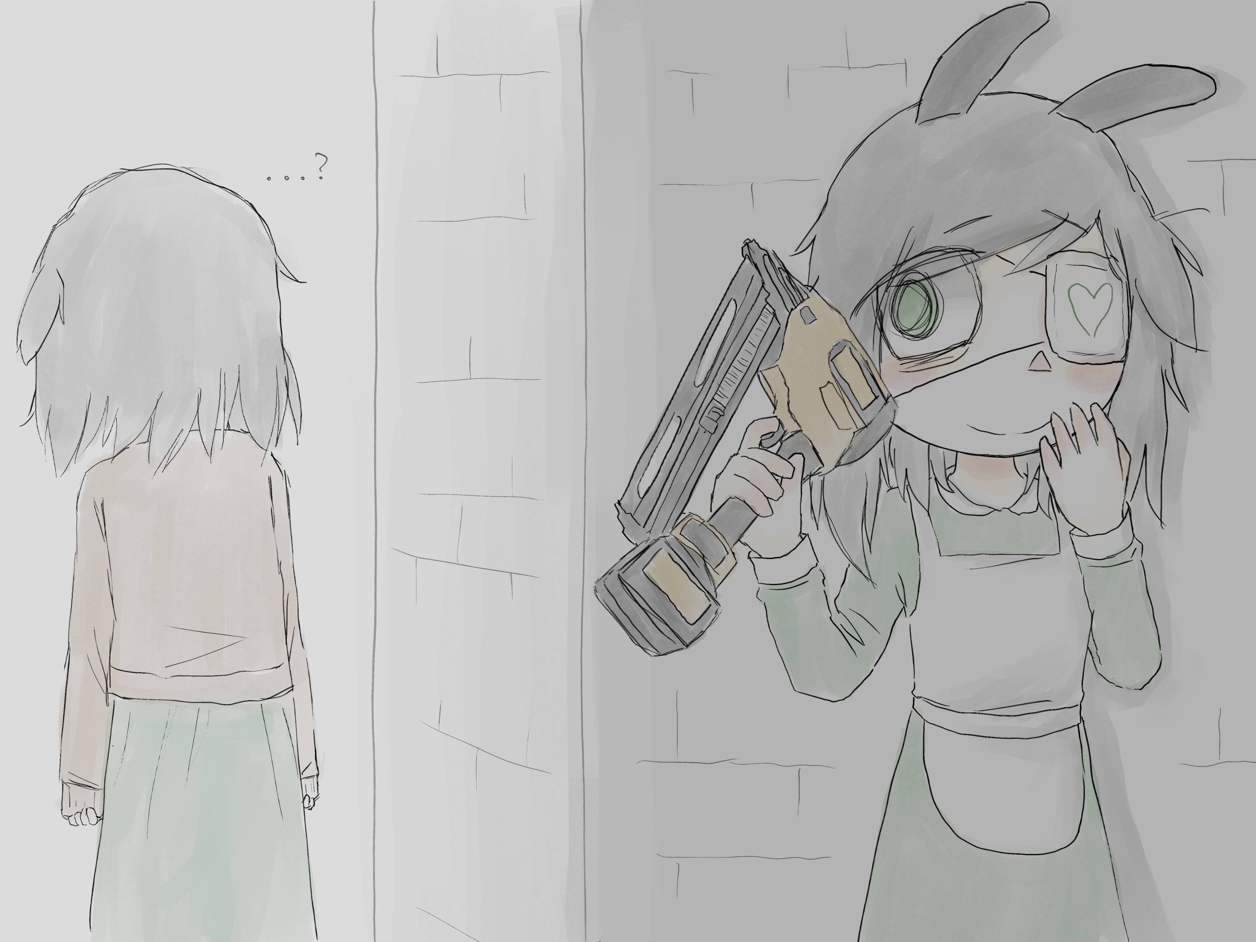 mentha (menthalovely), original, absurdres, highres, …?, 2girls, animal ears, apron, bags under eyes, blush, brick wall, clenched hands, closed mouth, collared dress, crazy eyes, dress, drink, eyepatch, green dress, green eyes, green skirt, grey hair, hand to own mouth, heart, holding, holding drink, holding saw, multiple girls, rabbit ears, red shirt, shirt, short hair, skirt, smile, white apron