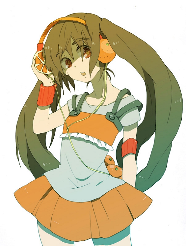 arancia, original, artist request, 1girl, black hair, female focus, food, fruit, headphones, holding, holding food, holding fruit, legs, long hair, miniskirt, open mouth, orange (fruit), orange skirt, skirt, solo, twintails