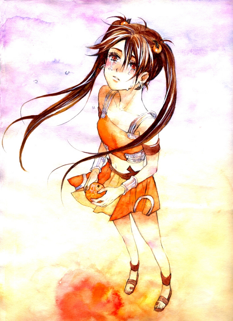 eitatsu, arancia, original, 1girl, bare shoulders, blush, female focus, food, fruit, legs, long hair, midriff, miniskirt, orange (fruit), orange skirt, sandals, skirt, solo, tears, twintails