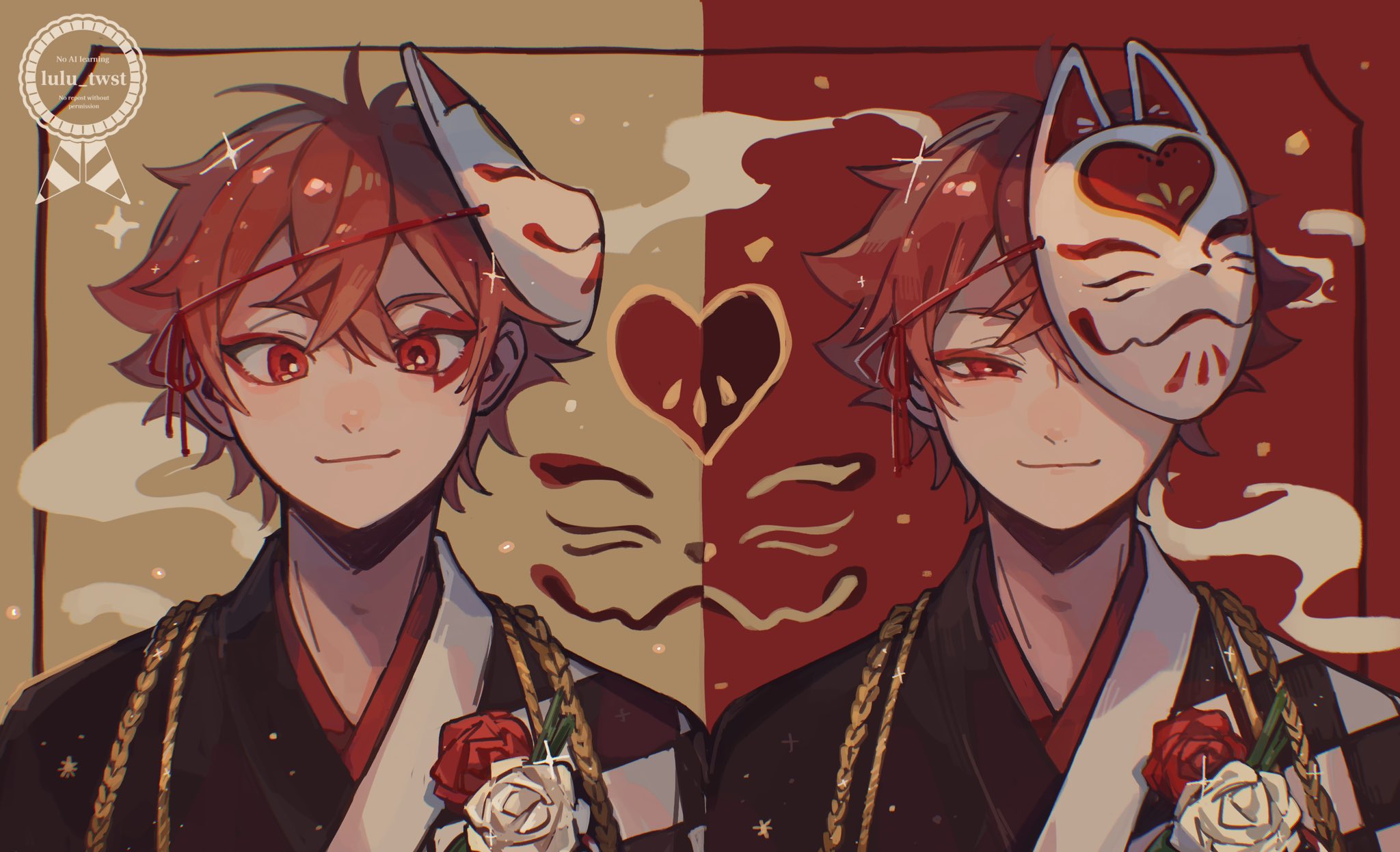 ace trappola, twisted wonderland, highres, closed mouth, flower, looking at viewer, lulu twst, male focus, mask, mask on head, red eyes, red flower, red hair, red rose, rose, smile, watermark, white flower, white rose