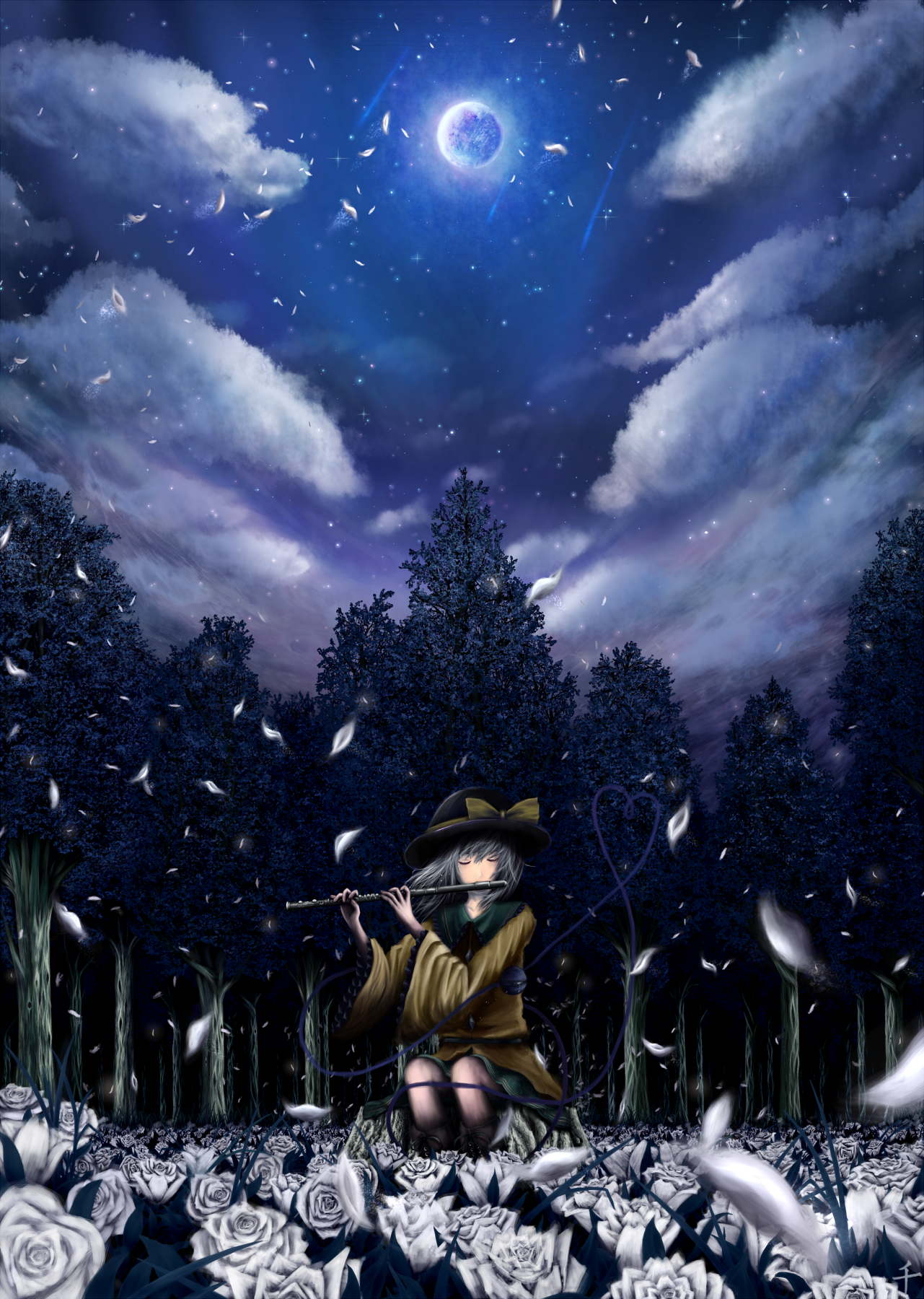 soori, komeiji koishi, touhou, bad id, bad pixiv id, highres, 1girl, black hat, blouse, bow, closed eyes, cloud, facing viewer, female focus, field, flower, flower field, flute, forest, frilled sleeves, frills, green skirt, grey hair, hat, hat bow, heart, instrument, long sleeves, meteor, moon, moonlight, music, nature, night, petals, playing instrument, rose, shirt, shooting star, sitting, skirt, sky, solo, star (sky), star (symbol), starry sky, tears, third eye, tree, white flower, white rose, wide sleeves, wind, yellow shirt