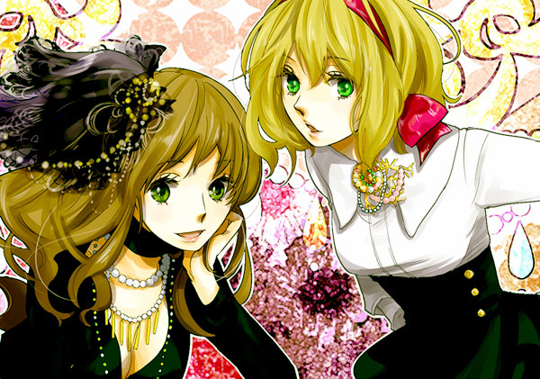 yusarazu, belgium (hetalia), hungary (hetalia), axis powers hetalia, bad id, bad pixiv id, 00s, 2girls, blonde hair, breasts, brown hair, cleavage, green eyes, hair ornament, hair ribbon, hat, jewelry, long hair, medium breasts, multiple girls, necklace, ribbon, short hair