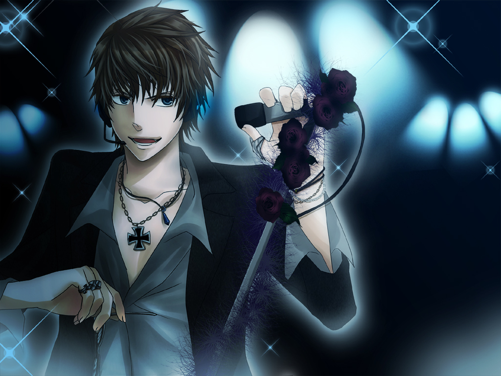 miyakozl, to (pixiv120229), hiyama kiyoteru, vocaloid, bad id, bad pixiv id, 1boy, black hair, jewelry, male focus, microphone, microphone stand, necklace, ring, smile, solo