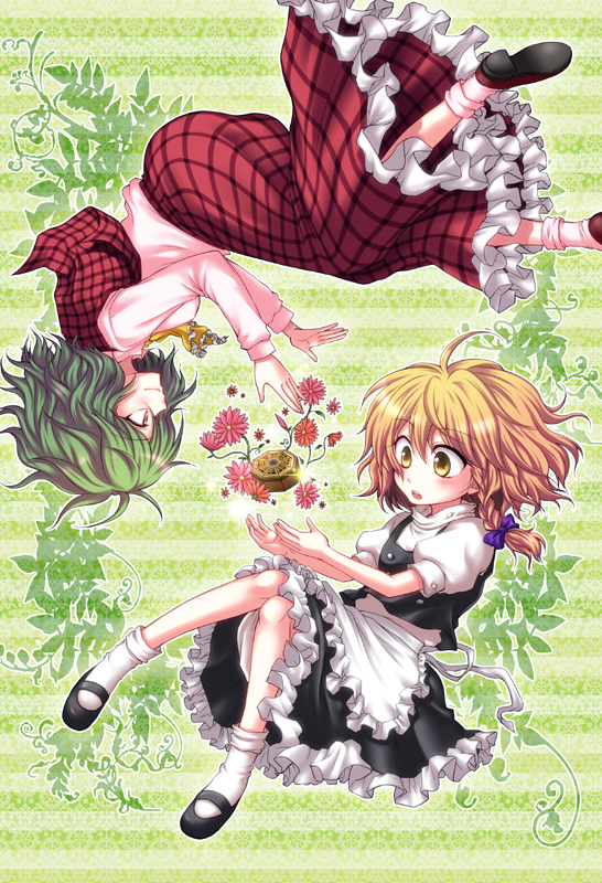 mokku, kazami yuuka, kirisame marisa, phantasmagoria of flower view, touhou, 2girls, apron, ascot, blonde hair, braid, female focus, floral background, flower, green background, green hair, knees together feet apart, long hair, mary janes, messy hair, mini-hakkero, multiple girls, no headwear, plaid clothes, plaid skirt, plaid vest, profile, red eyes, rotational symmetry, shoes, short hair, side braid, skirt, skirt set, smile, striped background, sunflower, upside-down, vest