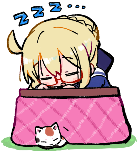 kasuga yuuki, artoria pendragon (fate), mysterious heroine x alter (fate), comiket 107, fate/grand order, fate (series), commentary request, lowres, 1girl, :o, = =, animal, blonde hair, blue shirt, blush stickers, braid, cat, chibi, closed eyes, colored shadow, glasses, hair between eyes, hair bun, kotatsu, parted lips, red-framed eyewear, sailor collar, semi-rimless eyewear, shadow, shirt, simple background, sleeping, solo, table, under-rim eyewear, white background, white sailor collar, zzz