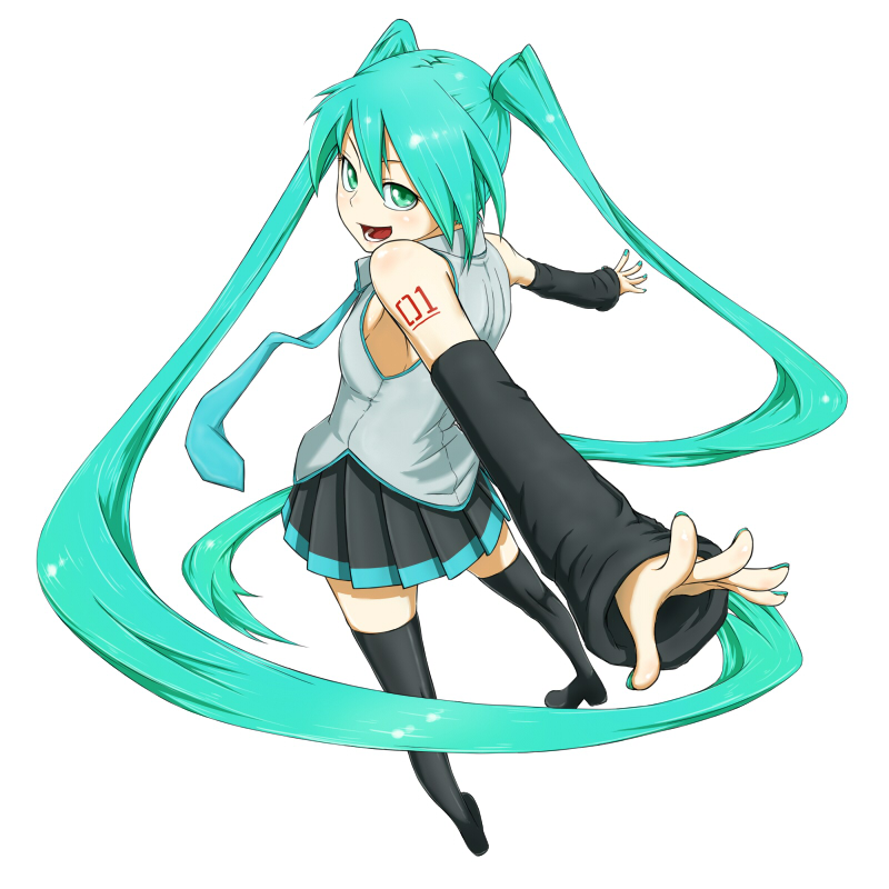 jaco, hatsune miku, vocaloid, 1girl, detached sleeves, female focus, green eyes, green hair, green nails, long hair, matching hair/eyes, nail polish, necktie, skirt, solo, thighhighs, twintails, very long hair