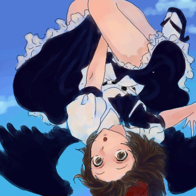 egawa satsuki, shameimaru aya, touhou, lowres, 1girl, :o, black wings, brown hair, female focus, geta, hat, looking at viewer, open mouth, panties, pantyshot, pantyshot evade, short hair, solo, surprised, tengu-geta, underwear, upside-down, wings