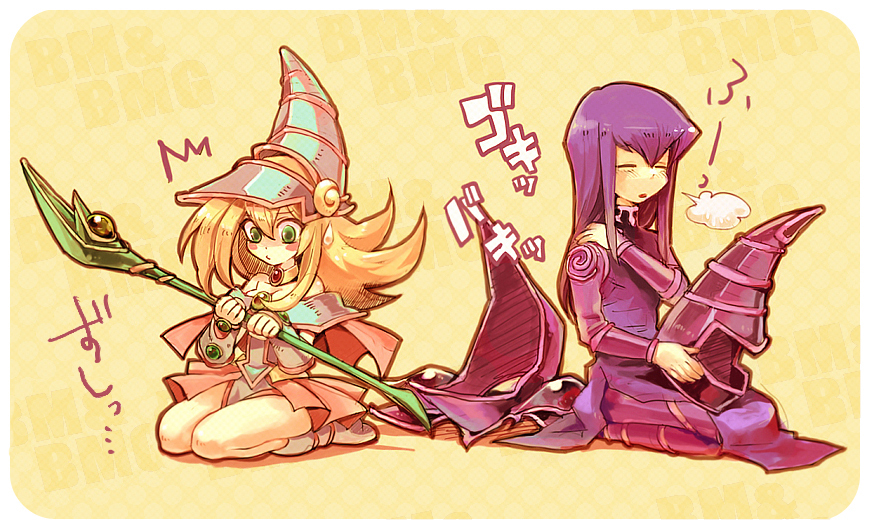 hosoime, dark magician, dark magician girl, yu-gi-oh!, yu-gi-oh! duel monsters, yuu-gi-ou, 1boy, 1girl, ^^^, bare shoulders, blonde hair, blush, boots, detached sleeves, duel monster, green eyes, hat, long hair, purple hair, skirt, staff, witch hat, wizard hat