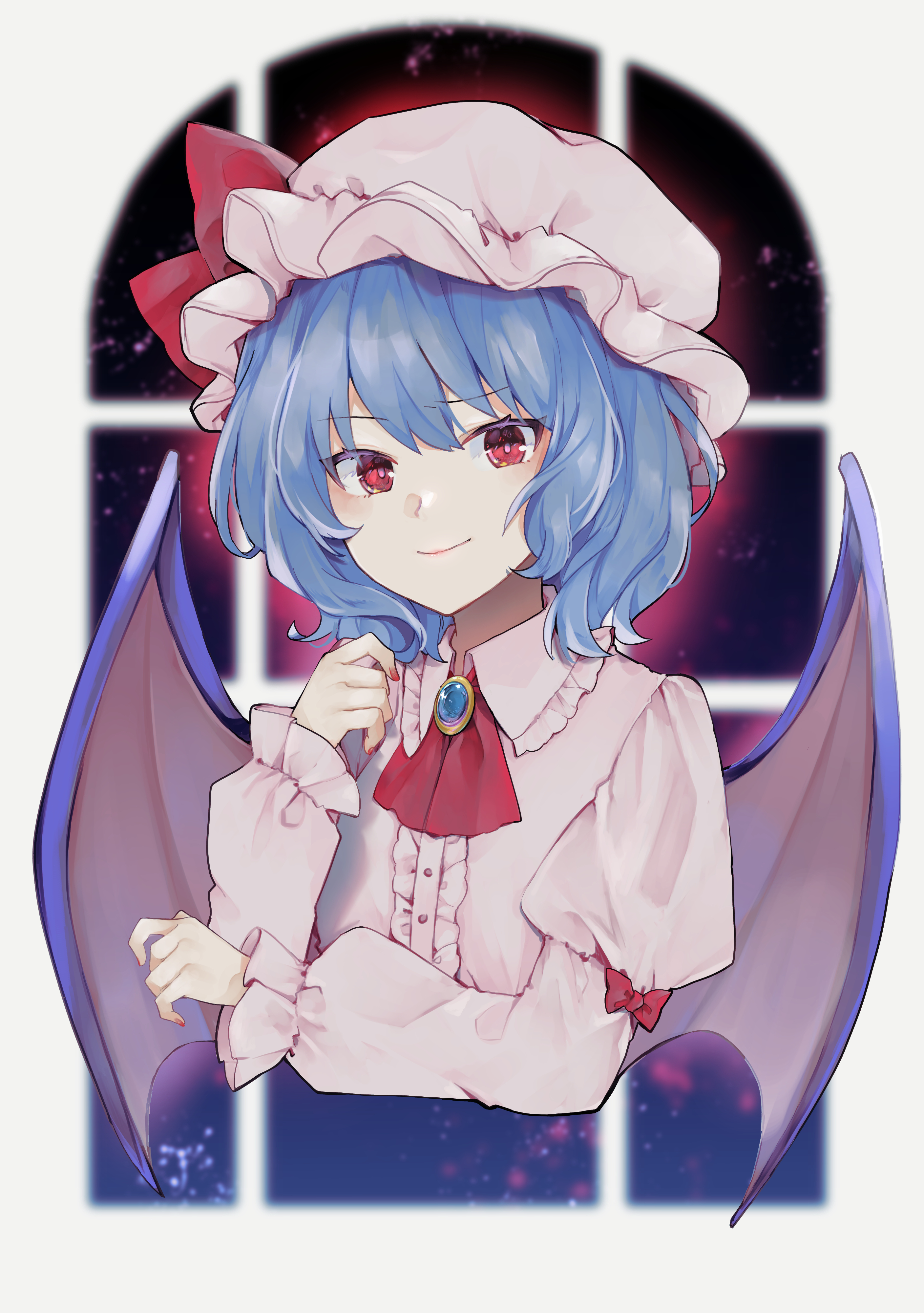 minatsuki yurara, remilia scarlet, touhou, absurdres, commentary request, highres, 1girl, ascot, bat wings, blue hair, brooch, center frills, closed mouth, collared shirt, cropped torso, frilled shirt collar, frills, gem, green gem, hand up, hat, jewelry, juliet sleeves, long sleeves, looking at viewer, mob cap, pink hat, pink shirt, puffy sleeves, red ascot, red eyes, shirt, short hair, smile, solo, window, wings